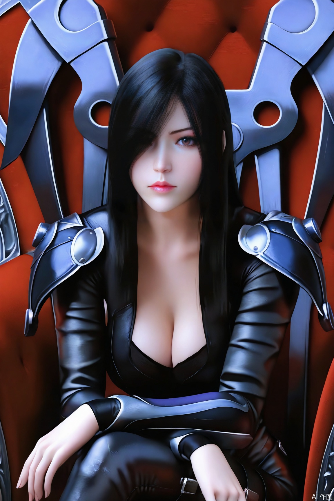 1girl, solo, long hair, looking at viewer, black_hair, closed mouth,cleavage, sitting, armor, hair over one eye, lips, chair, realistic, leather, throne, bodysuit, realistic, 
masterpiece, best quality, absurdres, highres, amazing quality, very aesthetic,  newest, absurdres, highres, highly detailed, very aesthetic,