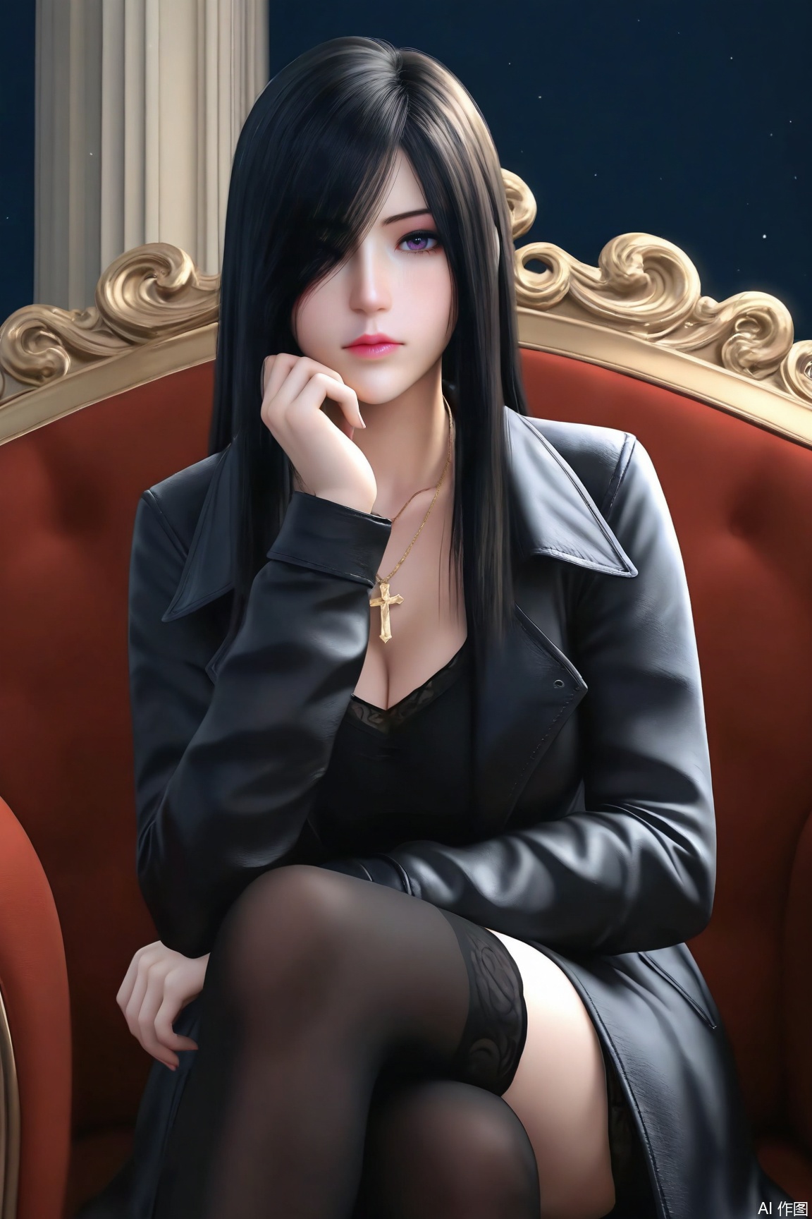 1girl, solo, long hair, looking at viewer, black_hair, closed mouth, long sleeves, jewelry, sitting, jacket, black thighhighs, necklace, hair over one eye, lips, coat, crossed legs, cross, cross necklace, realistic, 
masterpiece, best quality, absurdres, highres, amazing quality, very aesthetic,  newest, absurdres, highres, highly detailed, very aesthetic,