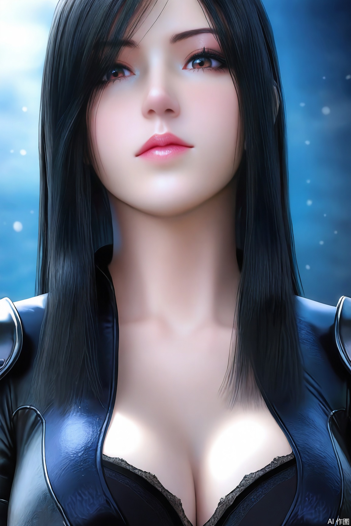 1girl, solo, long hair, looking at viewer, black_hair, closed mouth,cleavage, lips, bodysuit, , upper body, realistic, 
masterpiece, best quality, absurdres, highres, amazing quality, very aesthetic,  newest, absurdres, highres, highly detailed, very aesthetic,