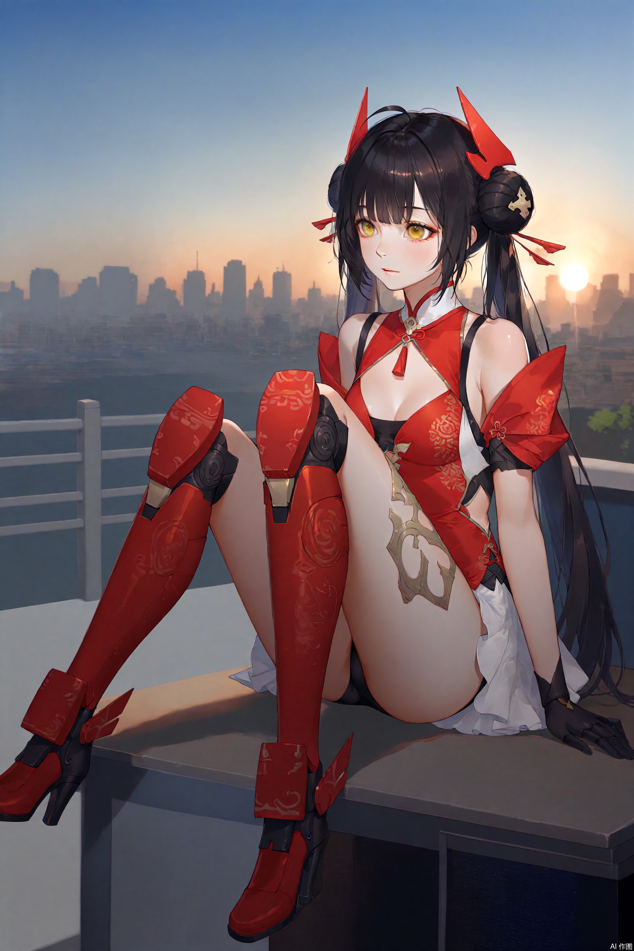 1girl,black hair,golden eyes,twin tails in buns,traditional Chinese clothing,mecha elements,(best quality,4k,8k,highres,masterpiece:1.2),ultra-detailed,(realistic,photorealistic,photo-realistic:1.37),anime style,beautiful detailed eyes,beautiful detailed lips,extremely detailed face,long eyelashes,mechanical arm,mechanical leg,ornate armor,Chinese motifs,modern and traditional fusion,soft lighting,harmonious colors,vivid colors,sharp focus,studio lighting,physically-based rendering,detailed background,urban setting,futuristic cityscape,technology and tradition,contrast between old and new
