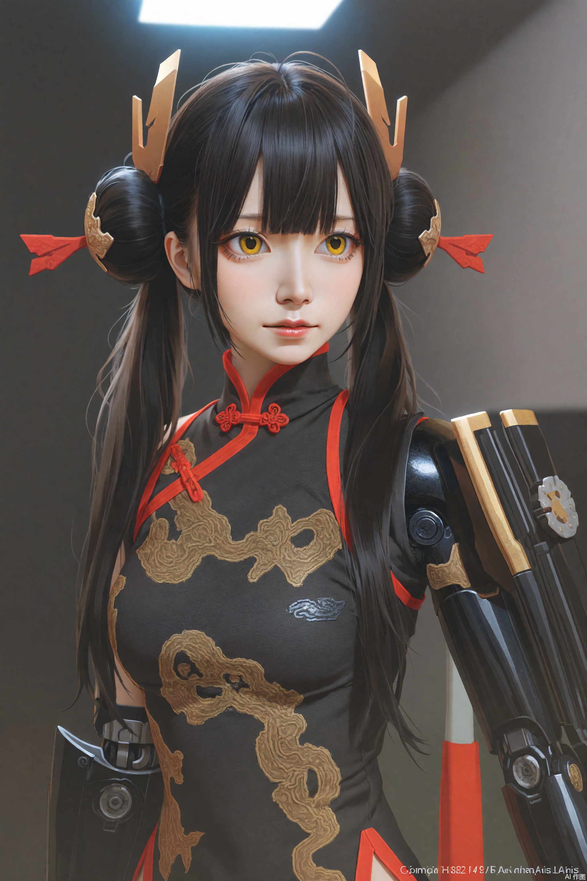 1girl,black hair,golden eyes,twin tails in buns,traditional Chinese clothing,mecha elements,(best quality,4k,8k,highres,masterpiece:1.2),ultra-detailed,(realistic,photorealistic,photo-realistic:1.37),anime style,beautiful detailed eyes,beautiful detailed lips,extremely detailed face,long eyelashes,mechanical arm,mechanical leg,ornate armor,Chinese motifs,modern and traditional fusion,soft lighting,harmonious colors,vivid colors,sharp focus,studio lighting,physically-based rendering,detailed background,urban setting,futuristic cityscape,technology and tradition,contrast between old and new