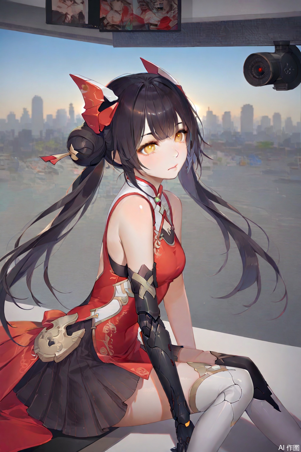 1girl,black hair,golden eyes,twin tails in buns,traditional Chinese clothing,mecha elements,(best quality,4k,8k,highres,masterpiece:1.2),ultra-detailed,(realistic,photorealistic,photo-realistic:1.37),anime style,beautiful detailed eyes,beautiful detailed lips,extremely detailed face,long eyelashes,mechanical arm,mechanical leg,ornate armor,Chinese motifs,modern and traditional fusion,soft lighting,harmonious colors,vivid colors,sharp focus,studio lighting,physically-based rendering,detailed background,urban setting,futuristic cityscape,technology and tradition,contrast between old and new