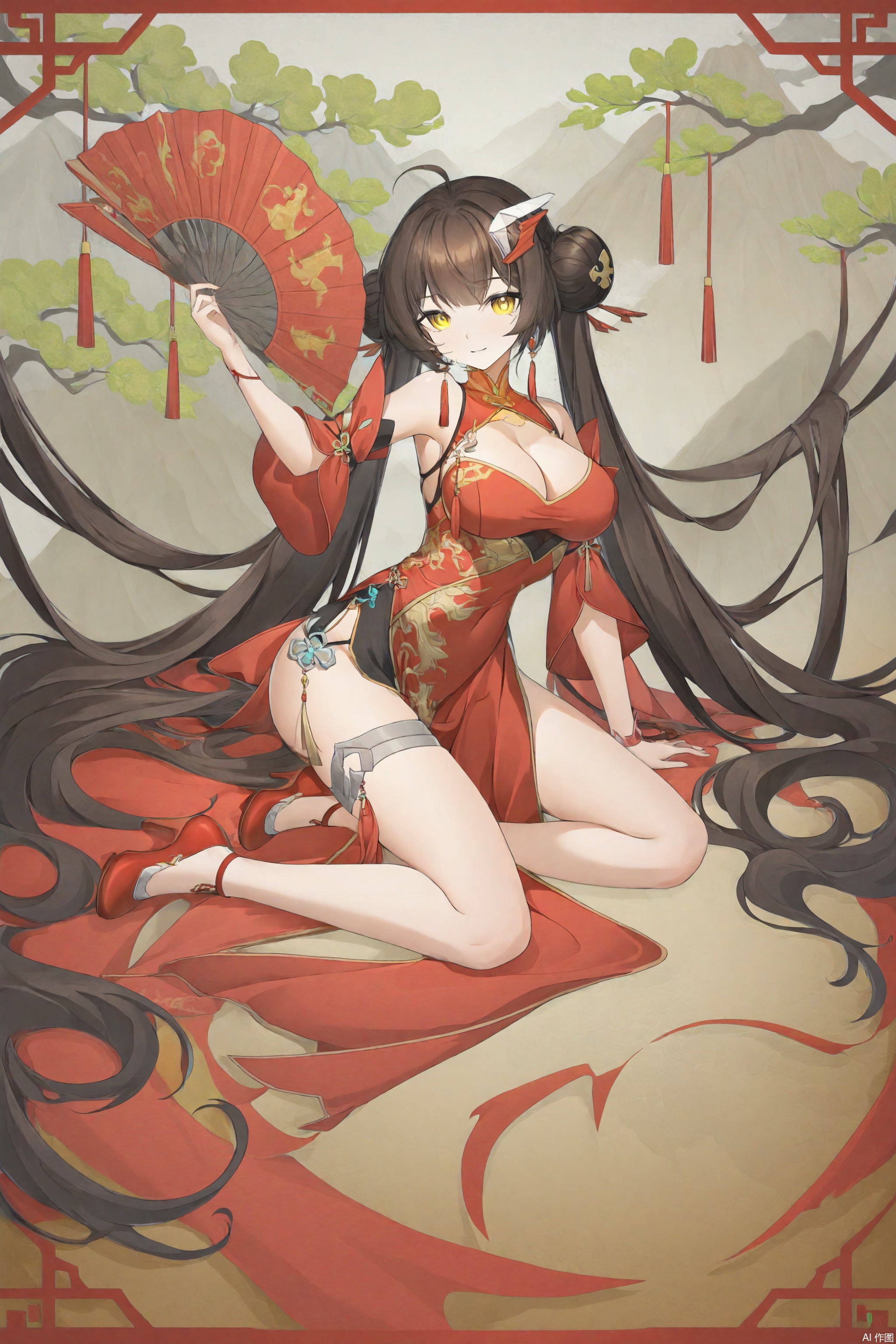 1girl

solo

long hair

breasts

looking at viewer

smile

large breasts

brown hair

black hair

hair ornament

dress

holding

cleavage

jewelry

bare shoulders

very long hair

sitting

twintails

full body

yellow eyes

earrings

detached sleeves

hair bun

arm up

high heels

tree

clothing cutout

double bun

arm support

chinese clothes

red dress

cleavage cutout

tassel

red footwear

china dress

pelvic curtain

hand fan

mountain

folding fan

holding fan

