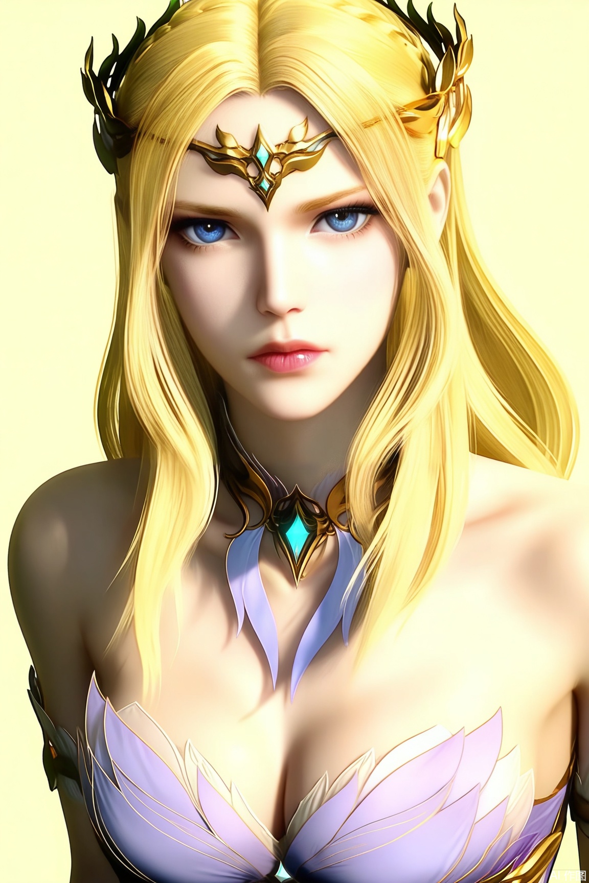 1girl, solo, long hair, breasts, looking at viewer, blue eyes, blonde hair, dress, cleavage, bare shoulders, medium breasts, upper body, lips, strapless, strapless dress, laurel crown, 