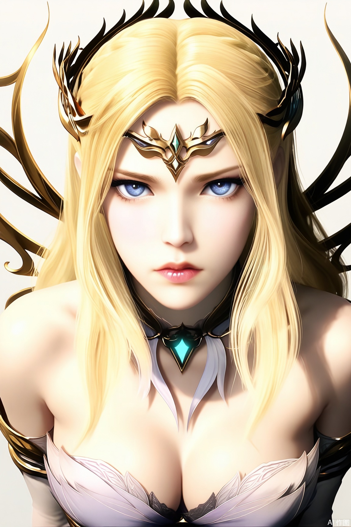 1girl, solo, long hair, breasts, looking at viewer, blue eyes, blonde hair, dress, cleavage, bare shoulders, medium breasts, upper body, lips, strapless, strapless dress, laurel crown, masterpiece, best quality, absurdres, highres, amazing quality, 