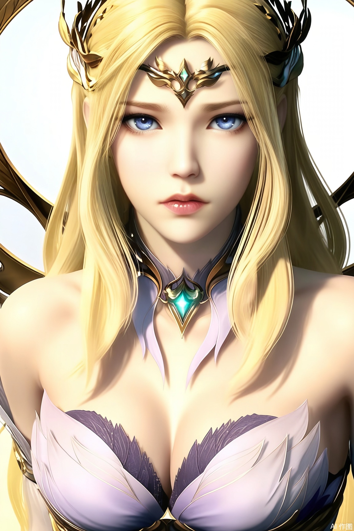 1girl, solo, long hair, breasts, looking at viewer, blue eyes, blonde hair, dress, cleavage, bare shoulders, medium breasts, upper body, lips, strapless, strapless dress, laurel crown, masterpiece, best quality, absurdres, highres, amazing quality, 