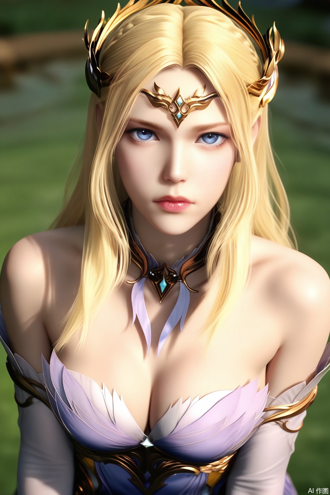1girl, solo, long hair, breasts, looking at viewer, blue eyes, blonde hair, dress, cleavage, bare shoulders, medium breasts, upper body, lips, strapless, strapless dress, laurel crown, realistic, masterpiece, best quality, absurdres, highres, amazing quality, very aesthetic, newest, absurdres, highres, highly detailed, very aesthetic,