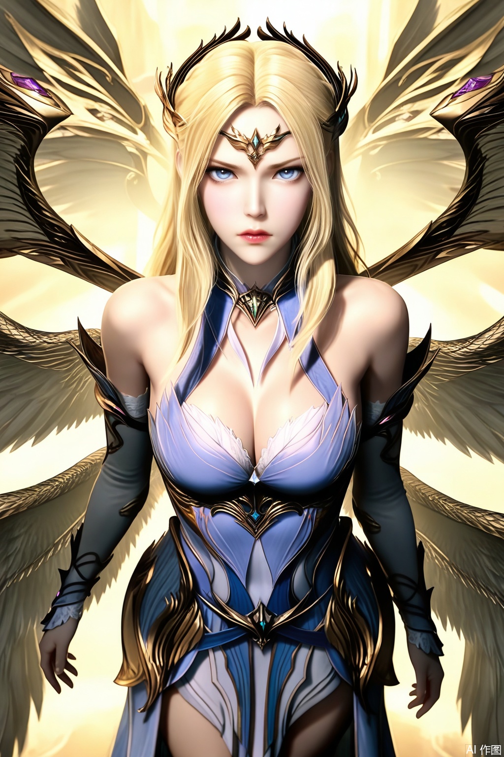 1girl, solo, long hair, breasts, looking at viewer, blue eyes, blonde hair, armor, dress, cleavage, bare shoulders, multiple wings,
 masterpiece, best quality, absurdres, highres, amazing quality, very aesthetic, newest, absurdres, highres, highly detailed, very aesthetic,
