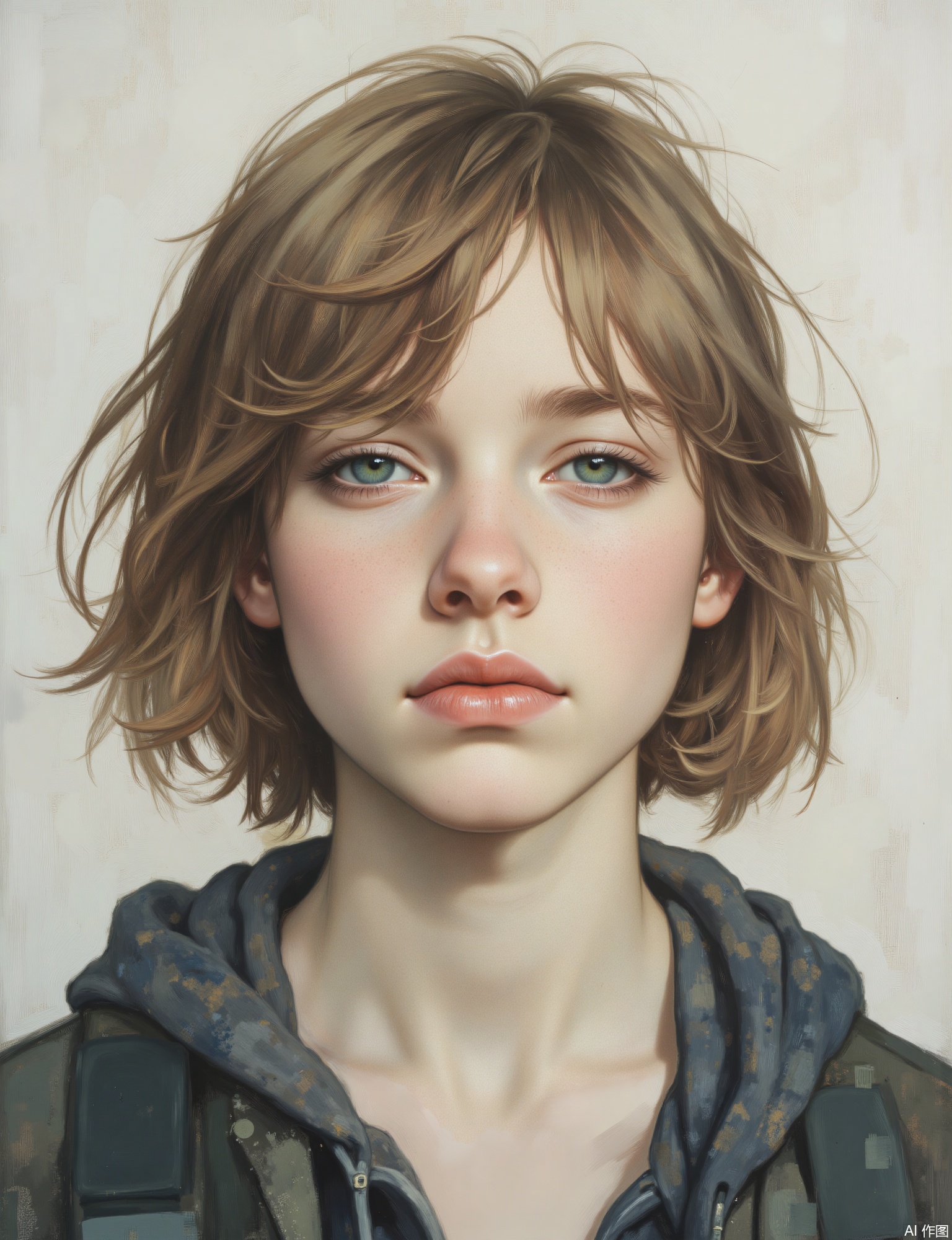 OBxiaoxiang, 
A portrait of a teenager with a pensive, artistic expression, perhaps looking slightly off-camera as if lost in thought. Facial close-up composition. The artwork possesses a natural, introspective quality, with a surface that feels both clearly defined in their youthful features and pleasantly soft. Soft, natural light, as if from a large window on an overcast day, provides even, gentle illumination. Their attire might be dark or have subtle patterns that stand out against the pale gray background, which could have a fine, sandy texture. Soft catchlights and the natural texture of their hair and simple clothing details are key.