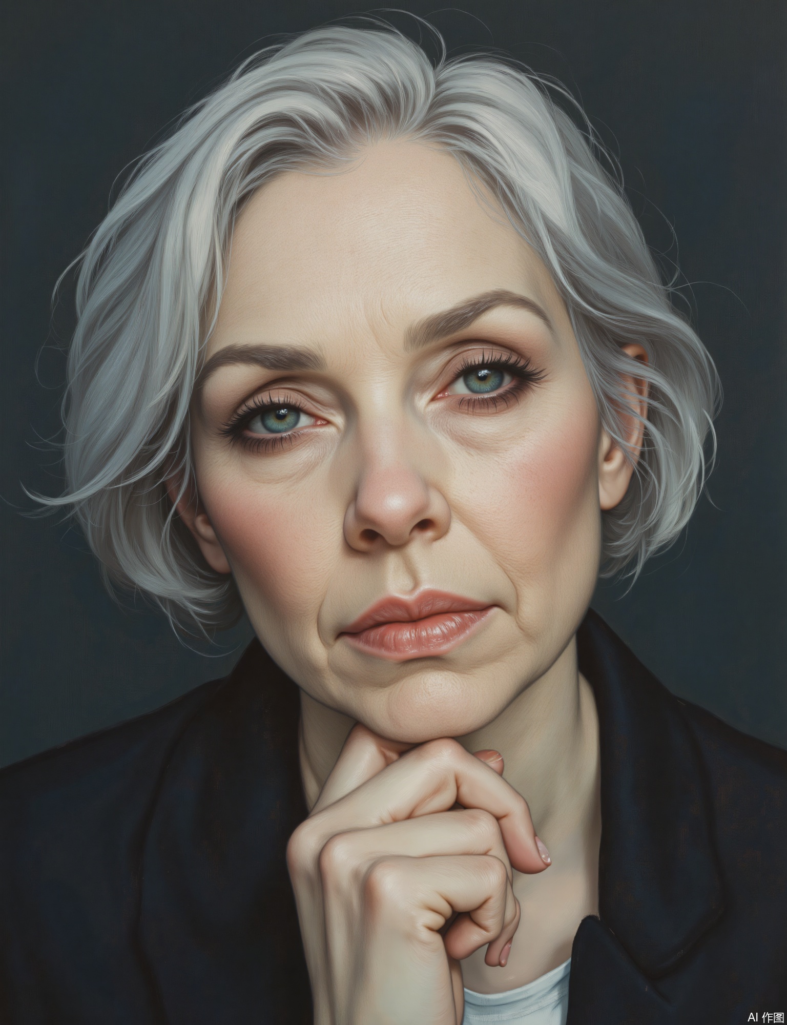 OBxiaoxiang, 
A portrait of a striking middle-aged woman with a confident, direct gaze and elegantly styled silver hair. Half-body composition, perhaps with one hand resting thoughtfully on her chin. The artwork features a refined, polished surface quality, her features rendered with a blend of sharpness and sophisticated softness. Classic three-point lighting creates a balanced, flattering illumination. The background is a plain, dark, matte fabric backdrop (e.g., deep charcoal or navy blue), allowing her to stand out. Her eyes show intelligence, and the sophisticated texture of her silk blouse or tailored jacket is meticulously rendered.