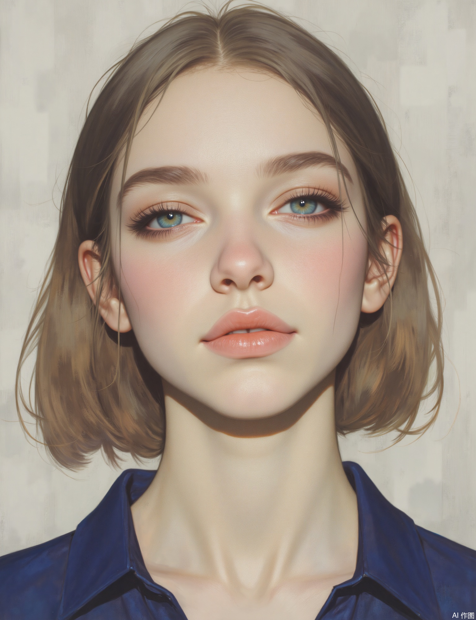 OBxiaoxiang, 
A facial close-up of a young woman with striking, clear eyes and a calm, confident demeanor. The rendering imparts a smooth, refined texture to her skin, contrasting with the subtly textured pale gray background that might resemble fine-grained stone. Crisp, clean lighting accentuates her features. Her attire, perhaps a deep jewel tone, contrasts beautifully with the pale gray. Emphasized, captivating catchlights, the soft sheen of her hair, and the delicate fabric weave of her blouse are crucial against the pale gray textured backdrop.