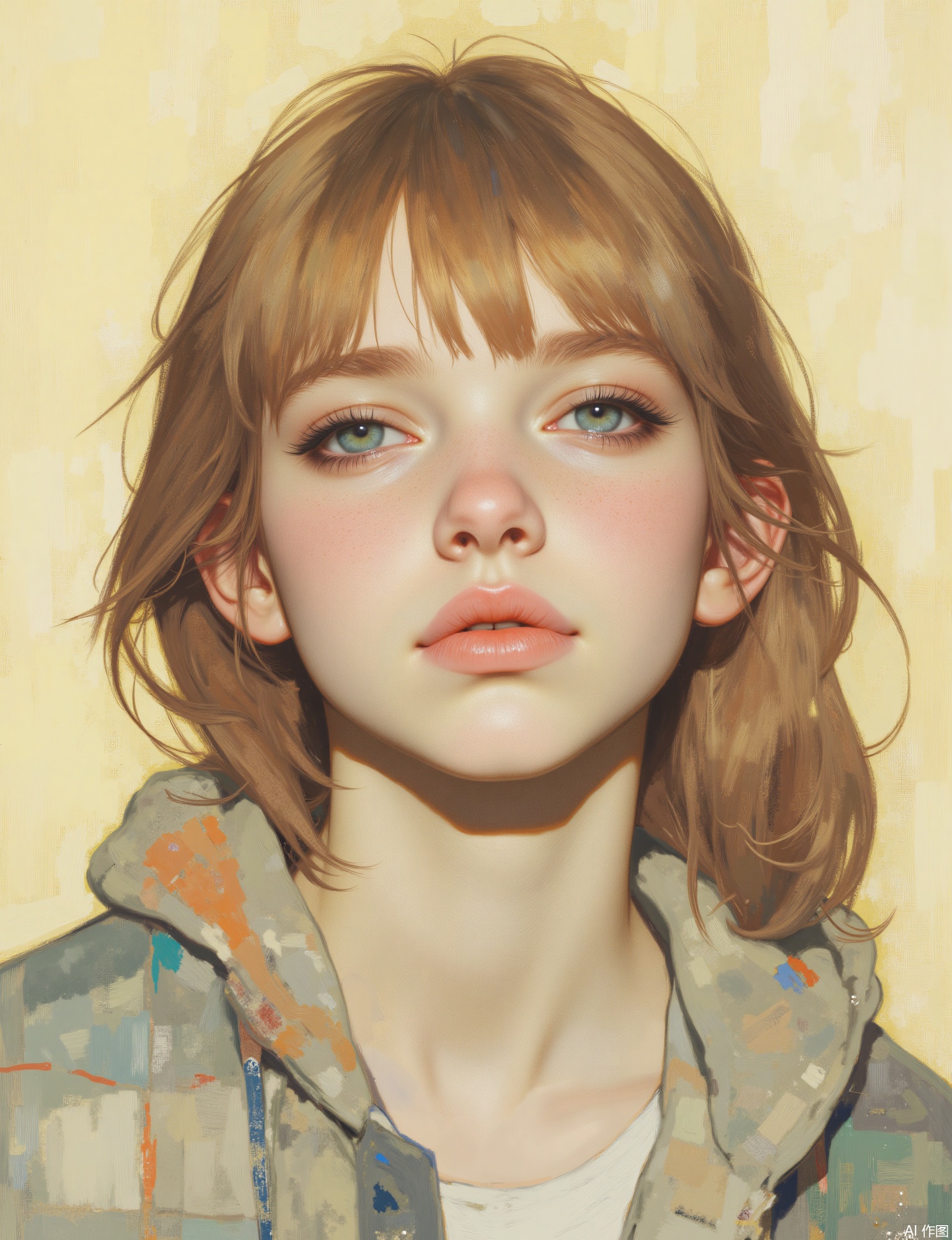 OBxiaoxiang, 
A portrait of a teenager with an artistic, thoughtful demeanor, perhaps holding a sketchbook or a musical instrument. Facial close-up composition. The artwork possesses a natural, candid quality, with a surface that feels both clearly defined in their youthful features and pleasantly soft. Soft, diffused lighting provides even, gentle illumination. Their attire might have unique patterns or textures that interact nicely with the textured pale yellow background, which could have a fine, grainy quality. Soft catchlights and the natural texture of their hair and individual clothing details are key.