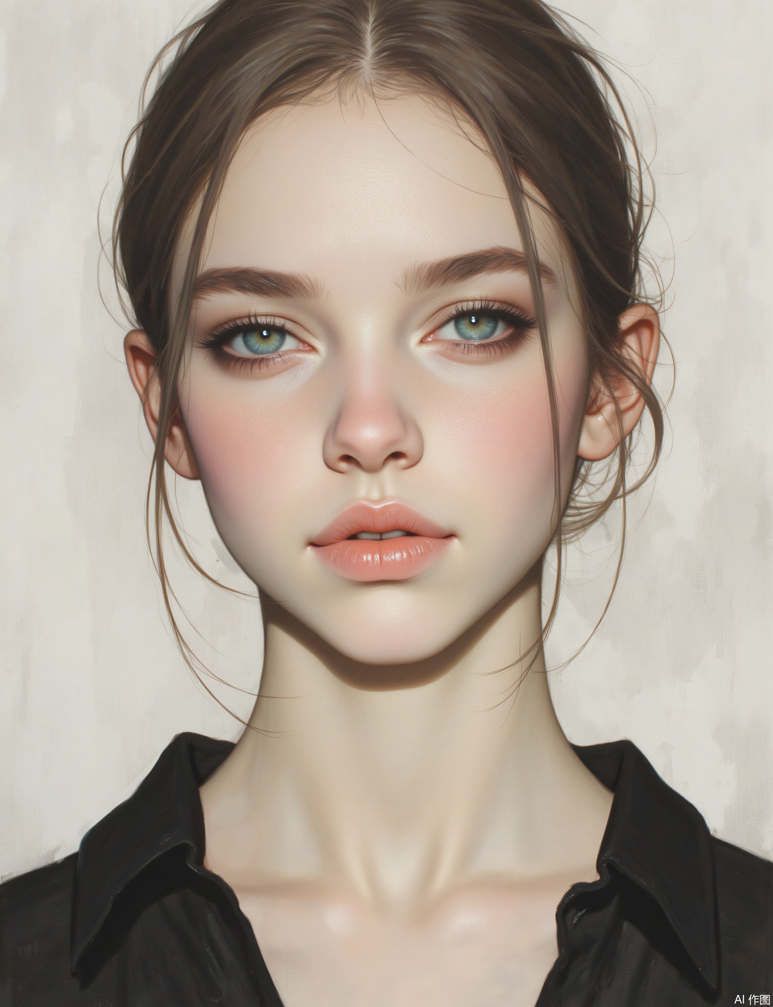OBxiaoxiang, 
A facial close-up of a young woman with striking, clear eyes and a calm, confident demeanor. The rendering imparts a smooth, refined texture to her skin, contrasting with the subtly textured pale gray background that might resemble fine-grained stone. Crisp, clean lighting accentuates her features. Her dark, elegant attire contrasts beautifully with the pale gray. Emphasized, captivating catchlights and the soft sheen of her meticulously styled hair are crucial against the pale gray textured backdrop.