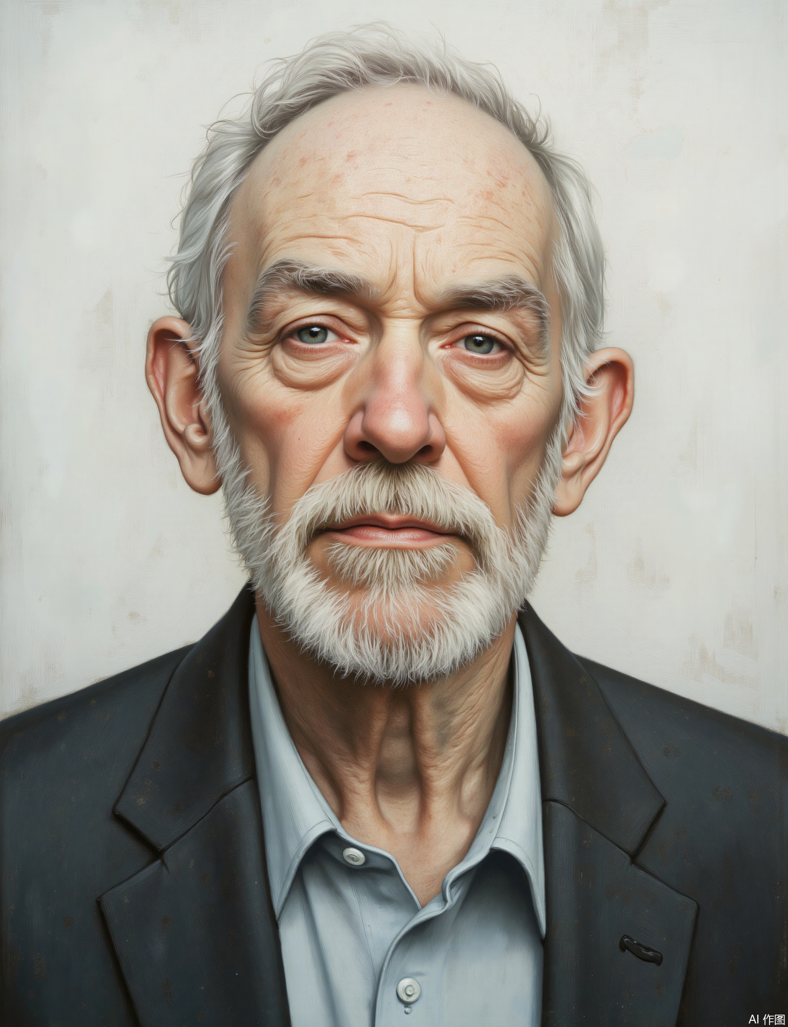 OBxiaoxiang, 
A portrait of an elderly gentleman with a distinguished, thoughtful expression, perhaps with a neatly trimmed white beard. Classic half-body composition. The image has a substantial, tactile quality to its surfaces, his experienced features and finely tailored blazer rendered with care. Soft, directional studio lighting from one side creates gentle modeling. The background is a pale gray with a subtle, linen-like texture, providing a cool, sophisticated setting. Sharp catchlights in his wise eyes, the detailed rendering of his beard and hair, and the rich texture of his wool blazer are key against the textured pale gray.