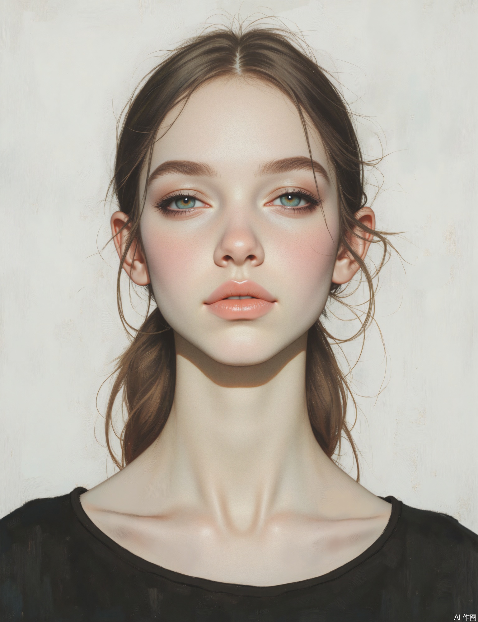 OBxiaoxiang, 
A minimalist head-and-shoulders portrait of a young woman with striking, symmetrical features and luminous skin, looking directly at the viewer with a calm, composed expression. The rendering is smooth and refined. Even, very soft lighting creates minimal shadows. Her simple, dark top contrasts with the pale gray background, which has a delicate, almost imperceptible, fine-mist texture. The emphasis is on the clarity of her features and the subtle textural interplay with the pale gray.