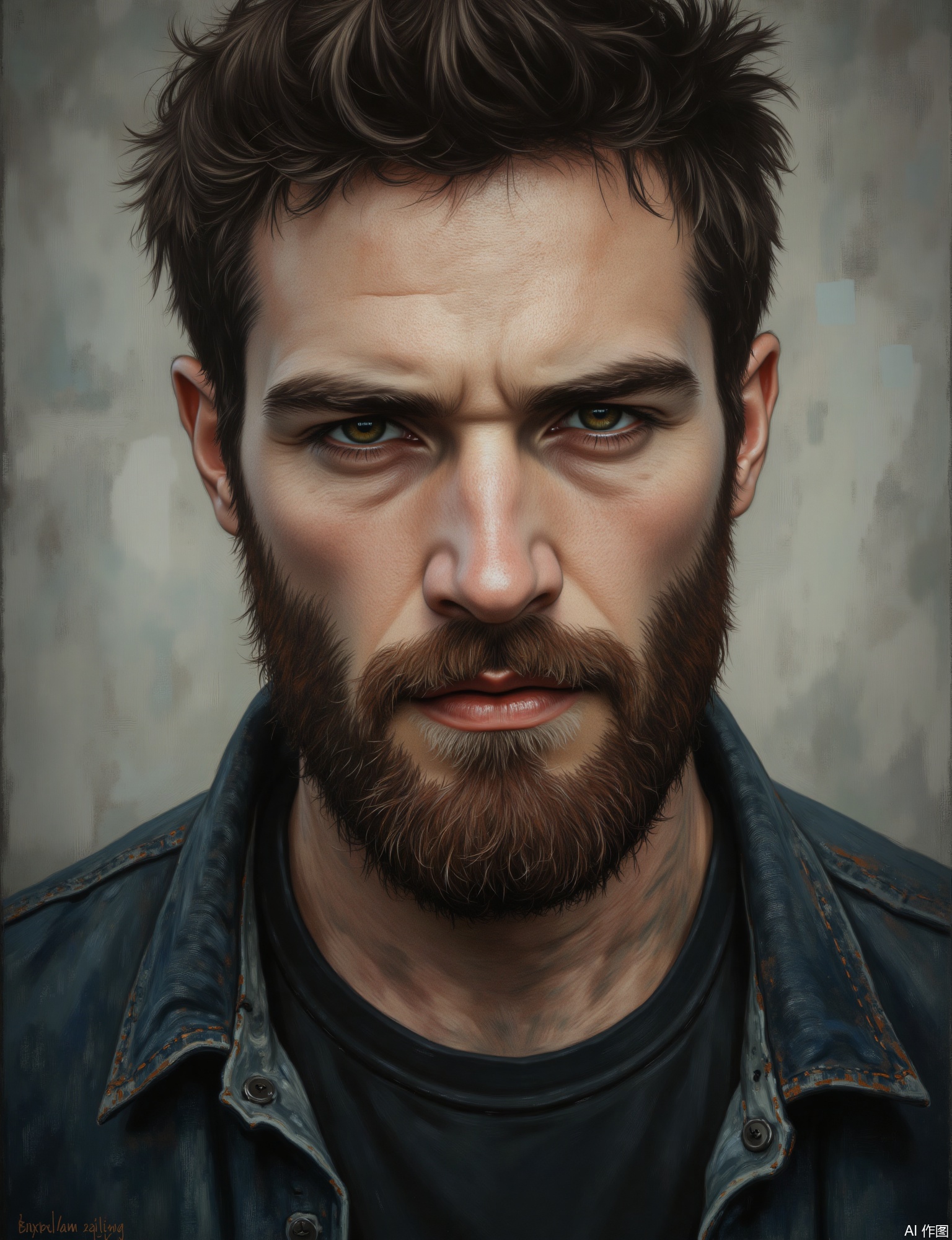 OBxiaoxiang, 
A powerful portrait of a ruggedly handsome man in his late thirties, with a well-groomed beard and intense, thoughtful eyes. Facial close-up. The image has a strong, impactful surface, conveying both the texture of his skin and beard, and a substantial, layered form. Dramatic, slightly low-key lighting, perhaps a single key light with a subtle fill, creates strong definition and shadow. The background is a simple, textured concrete wall, subtly lit to provide a slight separation. Sharp, compelling catchlights, individual hairs of his beard, and the texture of a simple denim or leather jacket collar are key.