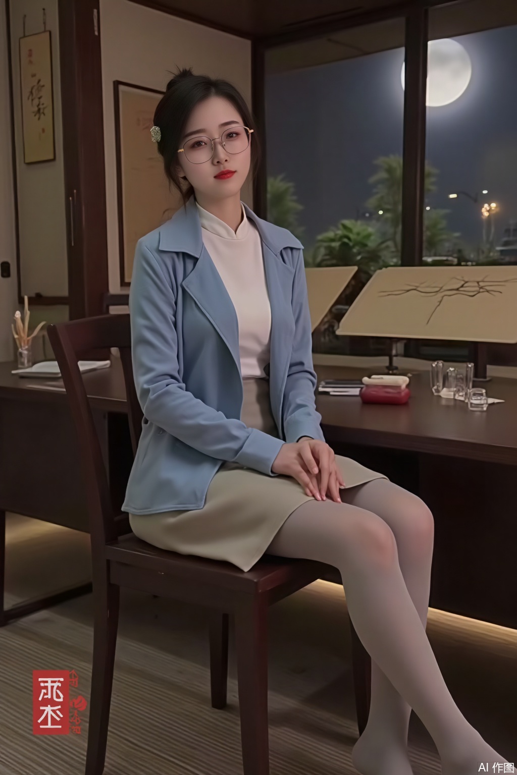 (Traditional Chinese aesthetics), 30K, ancient academy style, bamboo forest light. A young Asian girl in Hanfu-inspired school attire, sitting at a study desk. Round-frame wooden glasses, black hair styled in a simple bun with a jade hairpin. ((Intellectual, gentle eyes)), natural lip color. Wearing a white ru shirt under a blue bijia jacket, paired with a pleated qun skirt. Silk stockings with cloth shoes, a brush holder and inkstone on the desk. Background: bamboo grove with a thatched-roof study, scrolls hanging on the wall, and a window showing a moonlit garden. Signature 'SUNSHINE' in ancient seal script at bottom right.