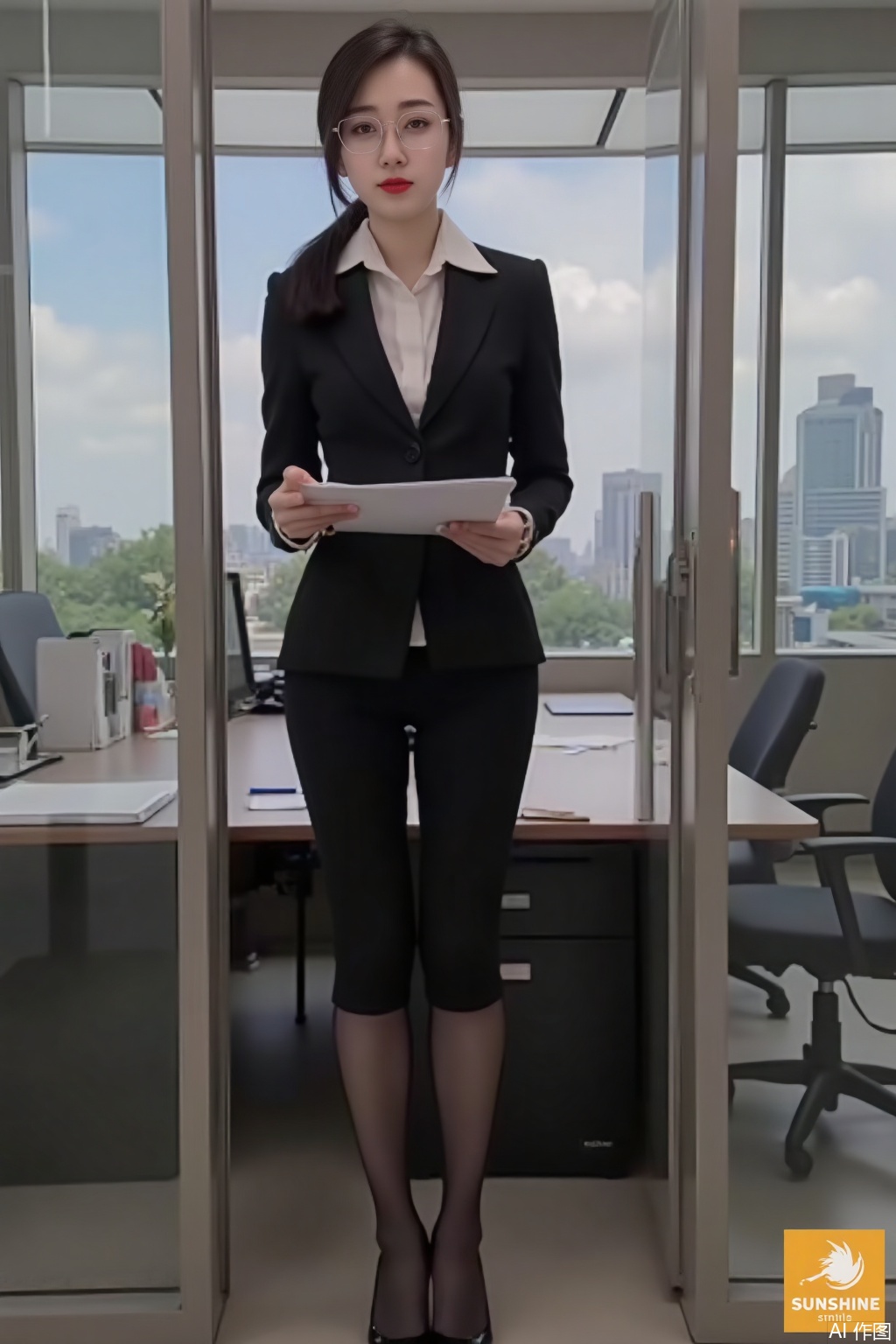 (Business realism), 32K, corporate secretary aesthetic, office lighting. A young Asian woman in professional business attire, standing at a desk. Thin-framed rectangular glasses, black hair in a sleek ponytail. ((Focused, determined eyes)), muted red lipstick. Wearing a tailored black pantsuit with a white collared shirt, sheer black stockings, and patent leather pumps. Holds a clipboard with documents, a gold wristwatch on her left hand. Background: modern office with glass partitions, a city skyline through windows, and a desk with a computer and organizer. Signature 'SUNSHINE' in corporate logo font at bottom right.