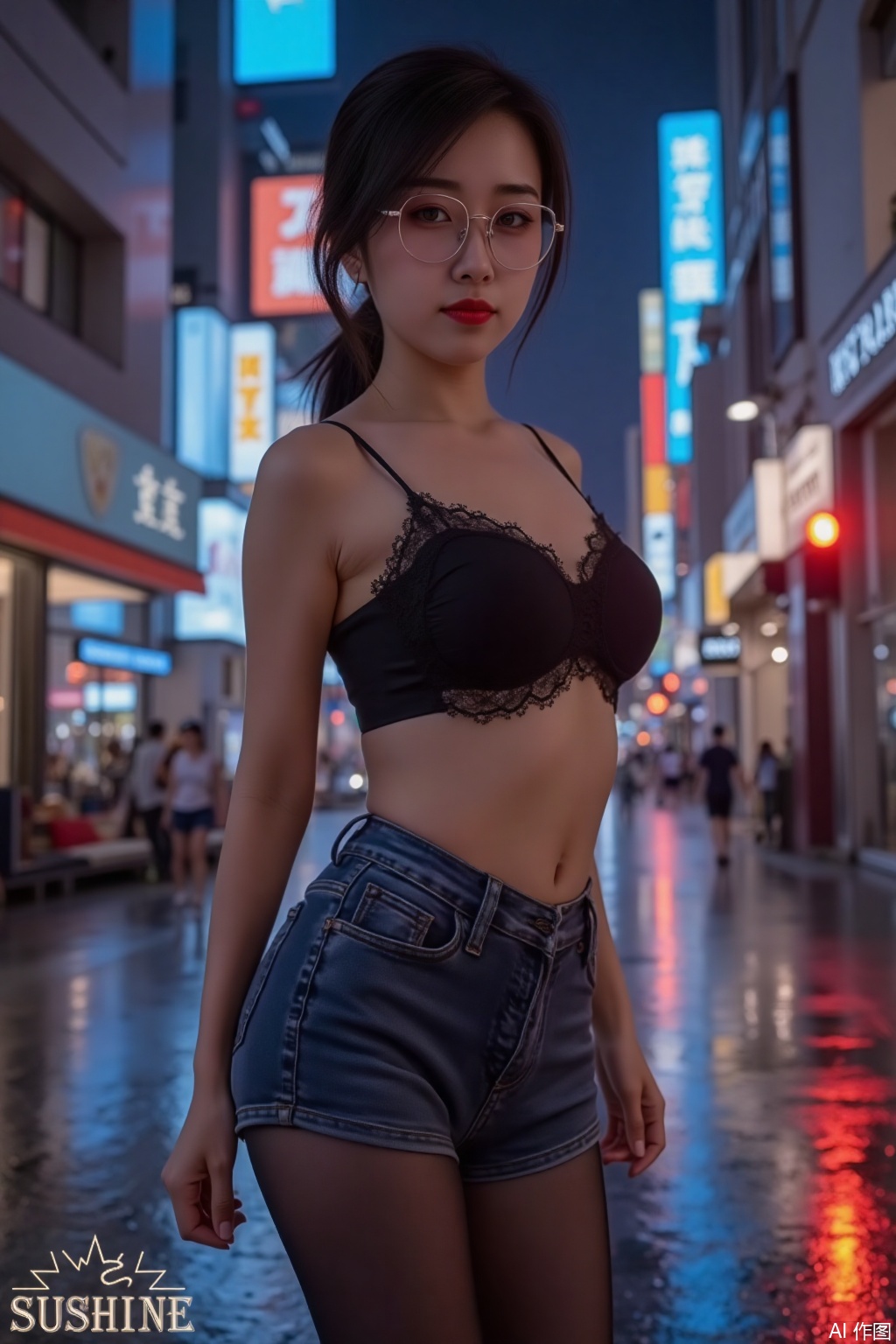 (Ultra-detailed), 32K, urban nightlife, hyperrealistic. A young Asian girl with round-frame glasses, standing confidently in a neon-lit street. Jet-black hair styled in a high ponytail, fair skin with subtle blush. ((Almond eyes behind clear lenses)), plump lips in bright red. Wearing a cropped black bra, high-waisted denim micro-shorts, and sheer black stockings. Completing the look with black stiletto heels and silver hoop earrings. Background: busy city street with glowing billboards, blurred traffic lights, and rain-slicked pavement reflecting neon hues. Signature 'SUNSHINE' in graffiti font at bottom right.