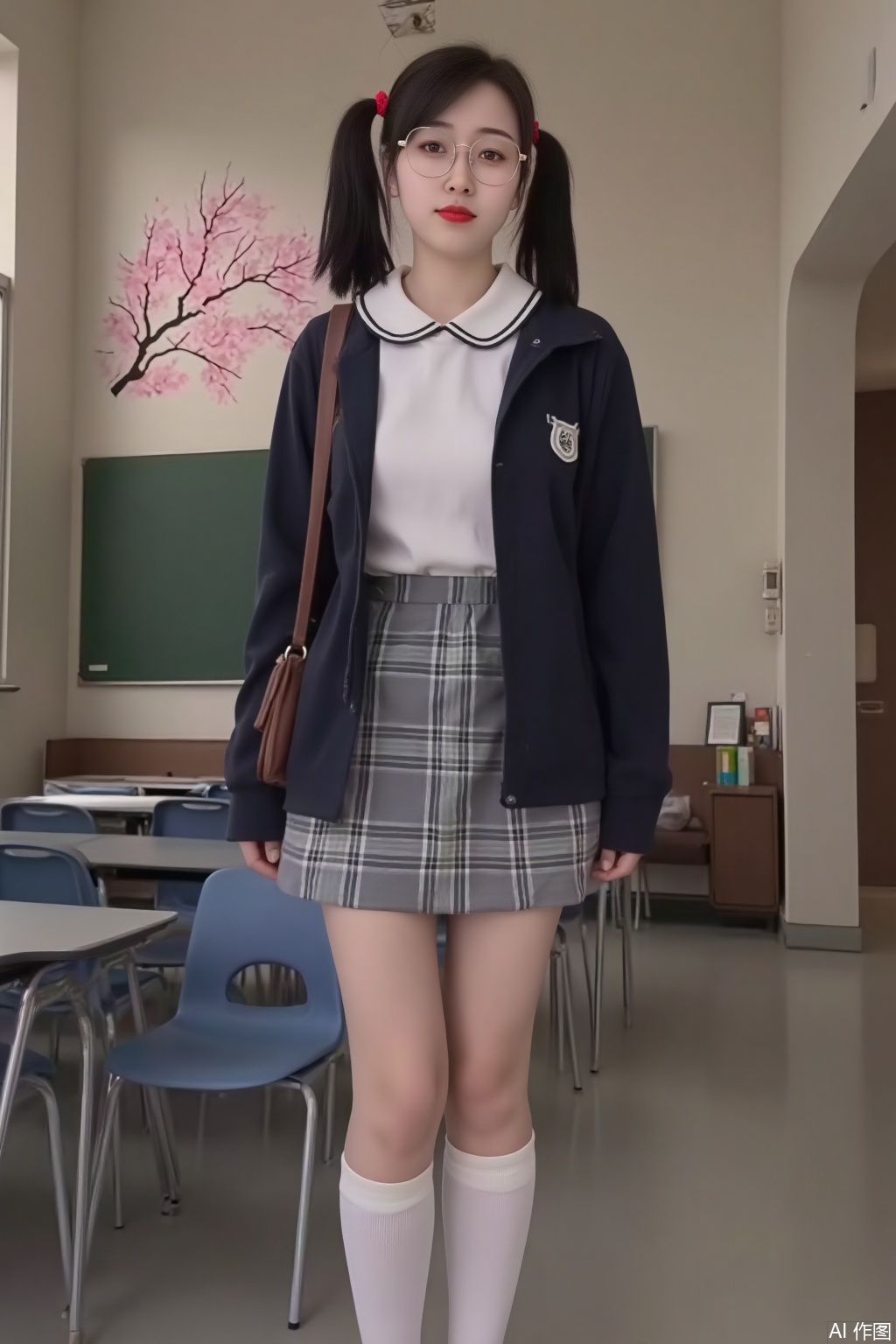 (Ultra-detailed), 32K, Japanese schoolgirl aesthetic, soft afternoon light. A young Asian girl in classic JK uniform, standing in a school corridor. Round-frame glasses with gold rims, black hair tied in twin tails with red ribbons. ((Big, innocent eyes behind lenses)), pale pink lips. Wearing a white sailor collar blouse, navy blue seifuku jacket, and pleated plaid skirt. Knee-high white socks with black loafers, a leather satchel slung over one shoulder. Background: sunlit classroom with chalkboard, rows of desks, and a window showing cherry blossoms. Signature 'SUNSHINE' in cute katakana at bottom right.