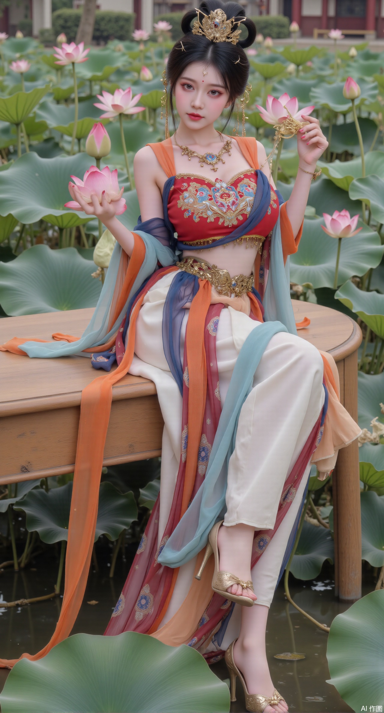 (masterpiece:1.2),best quality,,(UE5.5,rendered with Unreal Engine 5,Unreal Engine 5,CG rendering:1.1),The image is a digital illustration of a young woman sitting on a wooden bench in a pond with lily pads. She is wearing a long dress with design on the chest and sleeves. The dress has a high neckline and short sleeves,Holding a lotus in hand. She has long dark hair styled in loose waves and is wearing gold high heels. The woman is posing with one hand on her hip and the other resting on the edge of the bench. The background is filled with pink and white lotus flowers and green leaves. The overall mood of the image is peaceful and serene,(huge breasts:2.99),(full breasts:2.99),(Background with traditional Chinese architecture, lotus pond and pink lotus flowers:1.39),,Xmupeiling,XsongyuYK,XqiyueFHK,XheguangzhefandiYK,XxiaobaiNZYK,XlimuwanJCBYK,XmeijiK,XzhouruK,Xjinniang,Xliangpianqun,Xyinggou,Xfeitianwunv,XnangongxierK