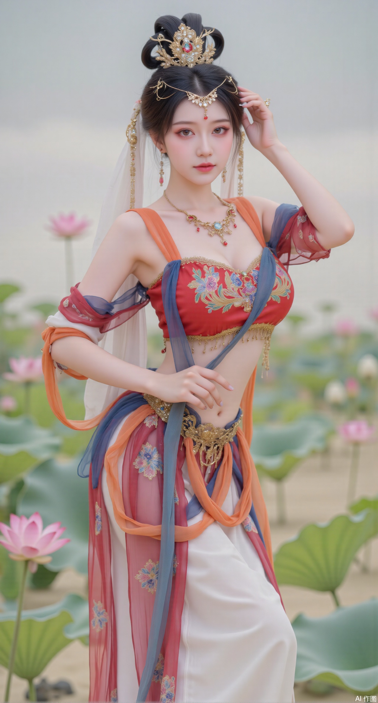 (masterpiece:1.2),best quality,(UE5.5,rendered with Unreal Engine 5,Unreal Engine 5,CG rendering:1.1),original,extremely detailed wallpaper,perfect lighting,1girl,solo,standing,(huge breasts:2.69),(full breasts:2.59),,looking at viewer,(cowboy_shot:1.1),long hair,high heels,blurry background,depth of field,motion blur,long dress,china_dress,chinese_style,bare shouders,crystal_earrings,headpiece,hair_tie,chest_jewel,gem,necklace,jewelry,in summer,day,outdoors,nature,sea,(rose,beach:1.49),(huge breasts:2.99),(full breasts:2.99),,(Background with lotus pond and pink lotus flowers:1.39),,Xmupeiling,XsongyuYK,XqiyueFHK,XheguangzhefandiYK,XxiaobaiNZYK,XlimuwanJCBYK,XmeijiK,XzhouruK,Xjinniang,Xliangpianqun,Xyinggou,Xfeitianwunv,XnangongxierK