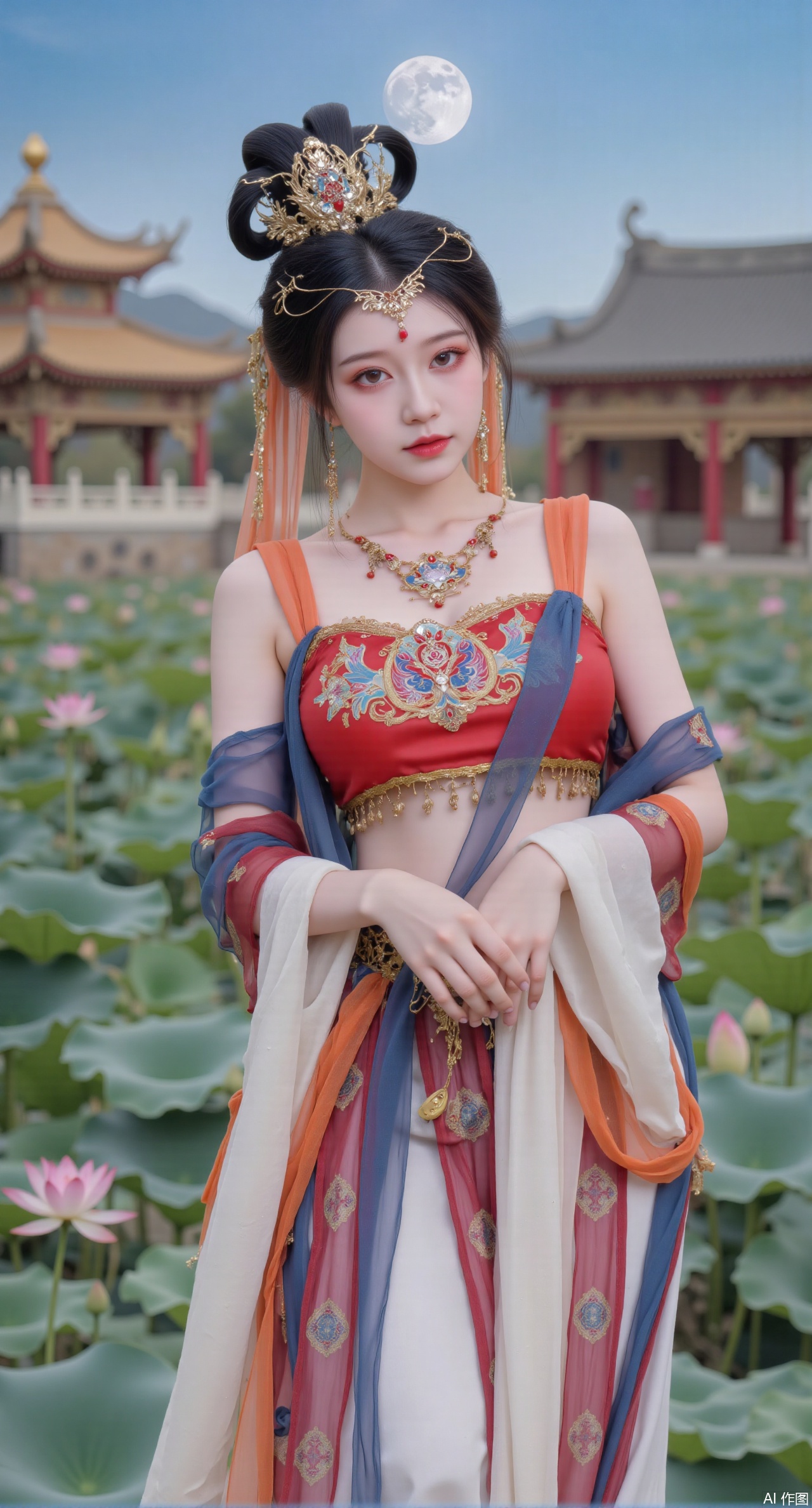 (masterpiece, best quality:1.2),1girl, navel, solo, midriff, bare shoulders, hair ornament,(long hair),(High double ponytail:1.49), red lips, BREAK, (looking at viewer:1.39), chinese clothes,(long dress:1.36), (lace:1.28), BREAK,blurry, solo focus, long hair, lips, daytime, lipstick, outdoors, standing,upper body,(huge breasts:2.99), (full breasts:2.99),background, solo, makeup,Xyunxiao,(Lotus,Water Lily,Blue sky,full moon:1.39),(Lotus pond,ancient Chinese architecture:1.39),Xmupeiling,XsongyuYK,XqiyueFHK,XheguangzhefandiYK,XxiaobaiNZYK,XlimuwanJCBYK,XmeijiK,XzhouruK,Xjinniang,Xliangpianqun,Xyinggou,Xfeitianwunv,XnangongxierK