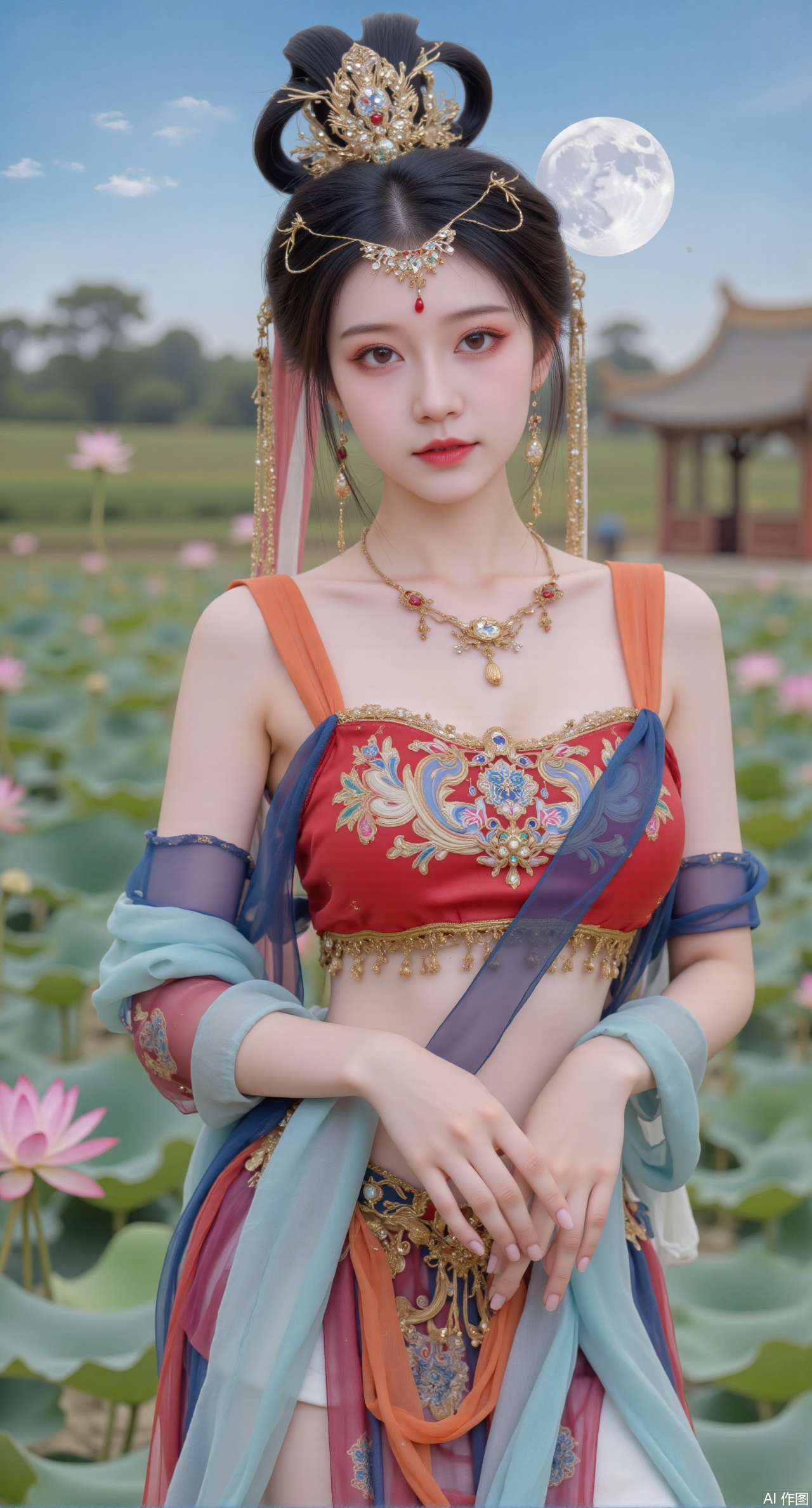 (masterpiece, best quality:1.2),1girl, navel, solo, midriff, bare shoulders, hair ornament,(long hair),(High double ponytail:1.49), red lips, BREAK, (looking at viewer:1.39), chinese clothes,(long dress:1.36), (lace:1.28), BREAK,blurry, solo focus, long hair, lips, daytime, lipstick, outdoors, standing,upper body,(huge breasts:2.99), (full breasts:2.99),background, solo, makeup,Xyunxiao,(Lotus,Water Lily,Blue sky,full moon:1.39),(Lotus pond,ancient Chinese architecture:1.39),Xmupeiling,XsongyuYK,XqiyueFHK,XheguangzhefandiYK,XxiaobaiNZYK,XlimuwanJCBYK,XmeijiK,XzhouruK,Xjinniang,Xliangpianqun,Xyinggou,Xfeitianwunv,XnangongxierK