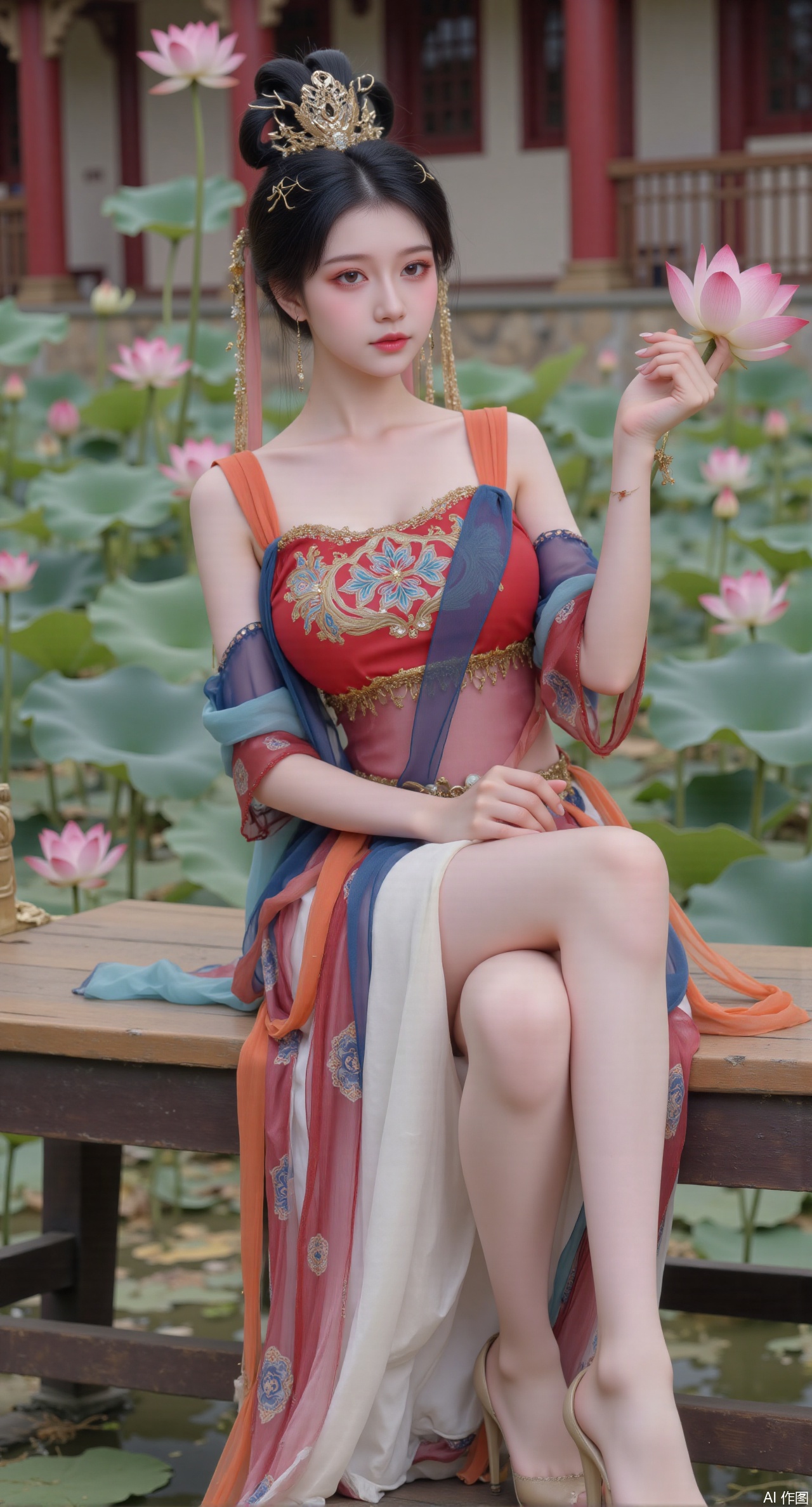 (masterpiece:1.2),best quality,,(UE5.5,rendered with Unreal Engine 5,Unreal Engine 5,CG rendering:1.1),The image is a digital illustration of a young woman sitting on a wooden bench in a pond with lily pads. She is wearing a long dress with design on the chest and sleeves. The dress has a high neckline and short sleeves,Holding a lotus in hand. She has long dark hair styled in loose waves and is wearing gold high heels. The woman is posing with one hand on her hip and the other resting on the edge of the bench. The background is filled with pink and white lotus flowers and green leaves. The overall mood of the image is peaceful and serene,(huge breasts:2.99),(full breasts:2.99),(Background with traditional Chinese architecture, lotus pond and pink lotus flowers:1.39),,Xmupeiling,XsongyuYK,XqiyueFHK,XheguangzhefandiYK,XxiaobaiNZYK,XlimuwanJCBYK,XmeijiK,XzhouruK,Xjinniang,Xliangpianqun,Xyinggou,Xfeitianwunv,XnangongxierK
