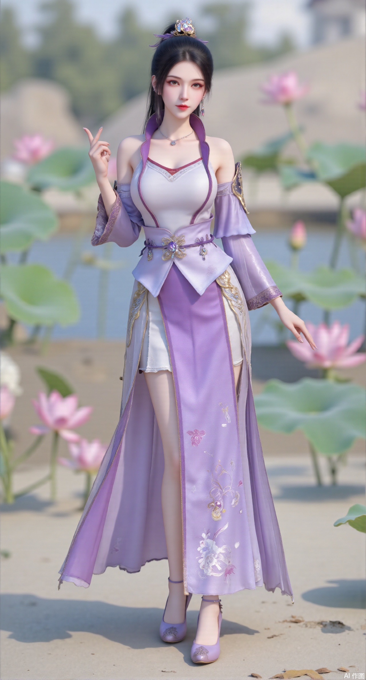 (masterpiece:1.2),best quality, (UE5.5,rendered with Unreal Engine 5,Unreal Engine 5,CG rendering), (masterpiece:1.2),,1girl,solo,standing,looking at viewer,(cowboy_shot:1.3),black hair,long hair,high heels,blurry background,depth of field,motion blur,short dress,china_dress,chinese_style,bare shouders,crystal_earrings,headpiece,hair_tie,chest_jewel,gem,necklace,jewelry,in summer,day,outdoors,nature,sea,(beach:1.4),(huge breasts:2.99),(full breasts:2.99),(lotus pond and pink lotus flowers:1.59),,(very long legs,Diamond-studded high heels:1.5),Xmupeiling,XsongyuYK,XqiyueFHK,XheguangzhefandiYK,XxiaobaiNZYK,XlimuwanJCBYK,XmeijiK,XzhouruK,XHhanfududou,XzhouruK2,XmeijiK2,XlinziyueK2,Xjinniang2,Xdunhuangfeitian,Xyinggou2,XnangongxierK2