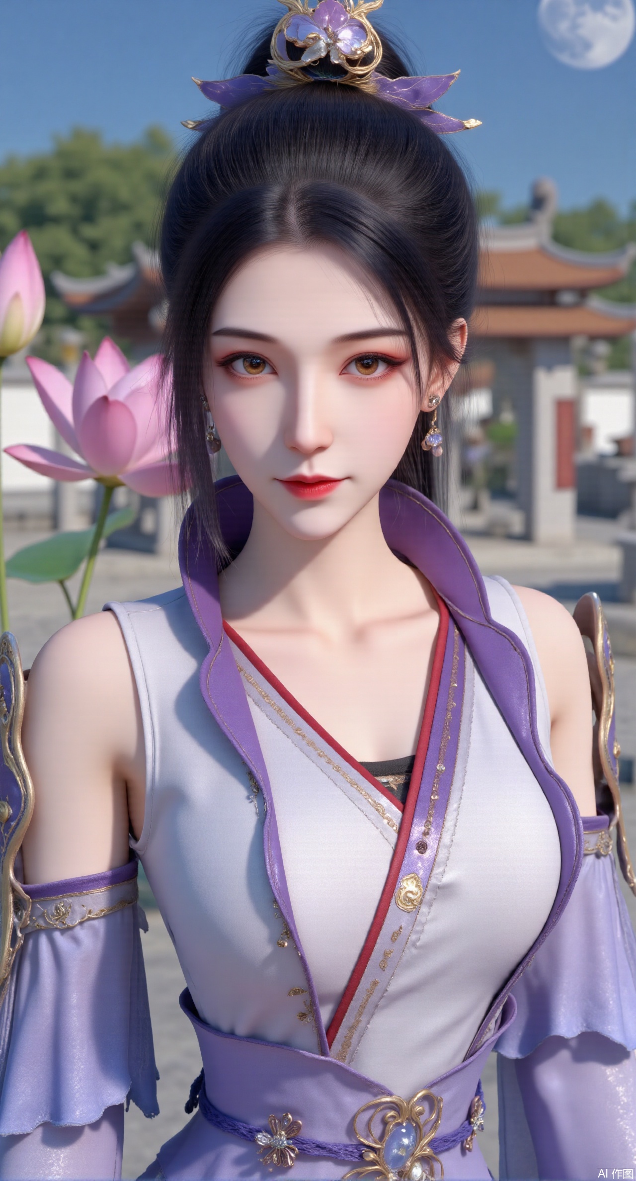 (masterpiece:1.2),best quality, (UE5.5,rendered with Unreal Engine 5,Unreal Engine 5,CG rendering),1girl, navel, solo, midriff, bare shoulders, hair ornament,(long hair),(High double ponytail:1.49), red lips, BREAK, (looking at viewer:1.39), chinese clothes,(long dress:1.36), (lace:1.28), BREAK,blurry, solo focus, long hair, lips, daytime, lipstick, outdoors, standing,upper body,(huge breasts:2.99), (full breasts:2.99),background, solo, makeup,Xyunxiao,(Lotus,Water Lily,Blue sky,full moon:1.39),(Lotus pond,ancient Chinese architecture:1.39),Xmupeiling,XsongyuYK,XqiyueFHK,XheguangzhefandiYK,XxiaobaiNZYK,XlimuwanJCBYK,XmeijiK,XzhouruK,XHhanfududou,XzhouruK2,XmeijiK2,XlinziyueK2,Xjinniang2,Xdunhuangfeitian,Xyinggou2,XnangongxierK2