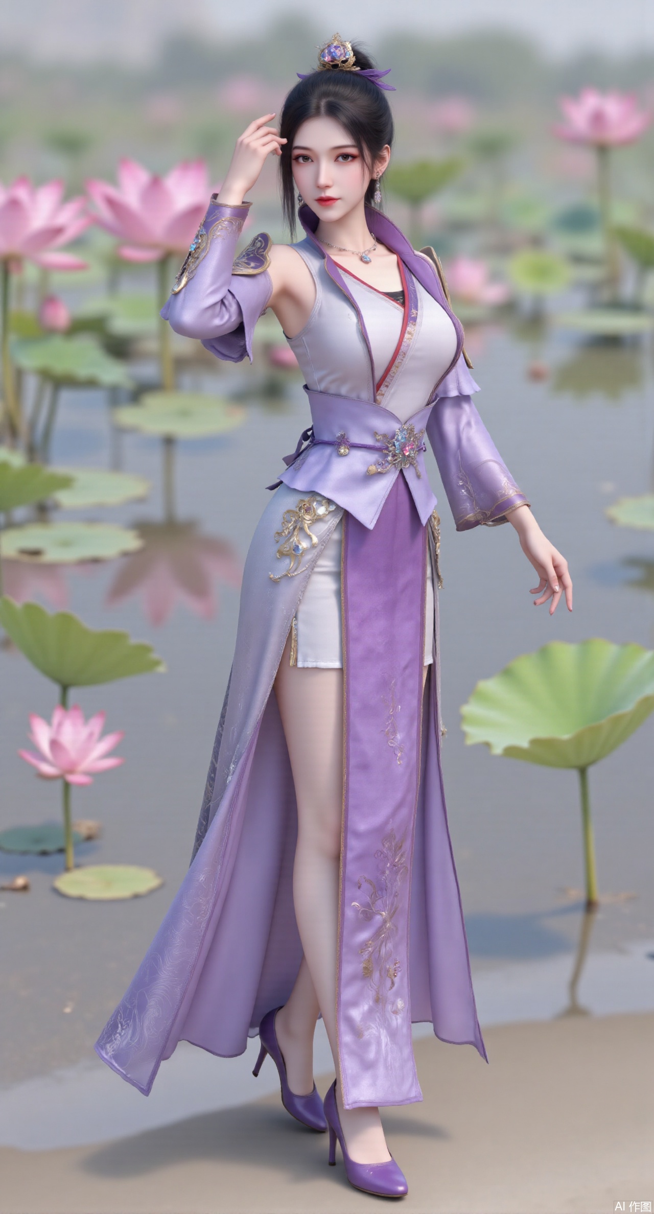 (masterpiece:1.2),best quality, (UE5.5,rendered with Unreal Engine 5,Unreal Engine 5,CG rendering), (masterpiece:1.2),,1girl,solo,standing,looking at viewer,(cowboy_shot:1.3),black hair,long hair,high heels,blurry background,depth of field,motion blur,short dress,china_dress,chinese_style,bare shouders,crystal_earrings,headpiece,hair_tie,chest_jewel,gem,necklace,jewelry,in summer,day,outdoors,nature,sea,(beach:1.4),(huge breasts:2.99),(full breasts:2.99),(lotus pond and pink lotus flowers:1.59),,(very long legs,Diamond-studded high heels:1.5),Xmupeiling,XsongyuYK,XqiyueFHK,XheguangzhefandiYK,XxiaobaiNZYK,XlimuwanJCBYK,XmeijiK,XzhouruK,XHhanfududou,XzhouruK2,XmeijiK2,XlinziyueK2,Xjinniang2,Xdunhuangfeitian,Xyinggou2,XnangongxierK2