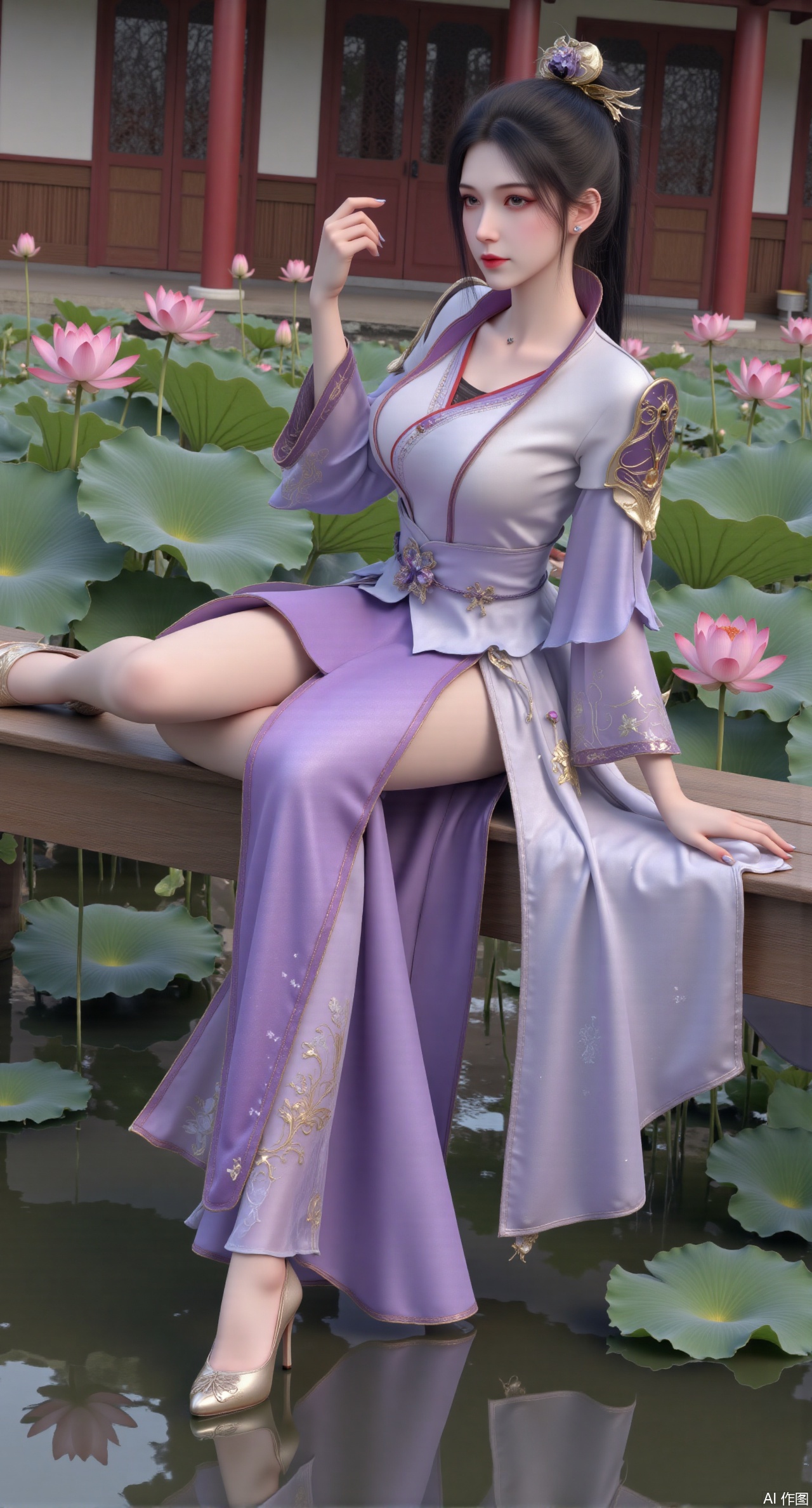 (masterpiece:1.2),best quality,,(UE5.5,rendered with Unreal Engine 5,Unreal Engine 5,CG rendering:1.1),The image is a digital illustration of a young woman sitting on a wooden bench in a pond with lily pads. She is wearing a long dress with design on the chest and sleeves. The dress has a high neckline and short sleeves,Holding a lotus in hand. She has long dark hair styled in loose waves and is wearing gold high heels. The woman is posing with one hand on her hip and the other resting on the edge of the bench. The background is filled with pink and white lotus flowers and green leaves. The overall mood of the image is peaceful and serene,(huge breasts:2.99),(full breasts:2.99),(Background with traditional Chinese architecture, lotus pond and pink lotus flowers:1.39),,Xmupeiling,XsongyuYK,XqiyueFHK,XheguangzhefandiYK,XxiaobaiNZYK,XlimuwanJCBYK,XmeijiK,XzhouruK,Xjinniang,Xliangpianqun,Xyinggou,Xfeitianwunv,XnangongxierK
