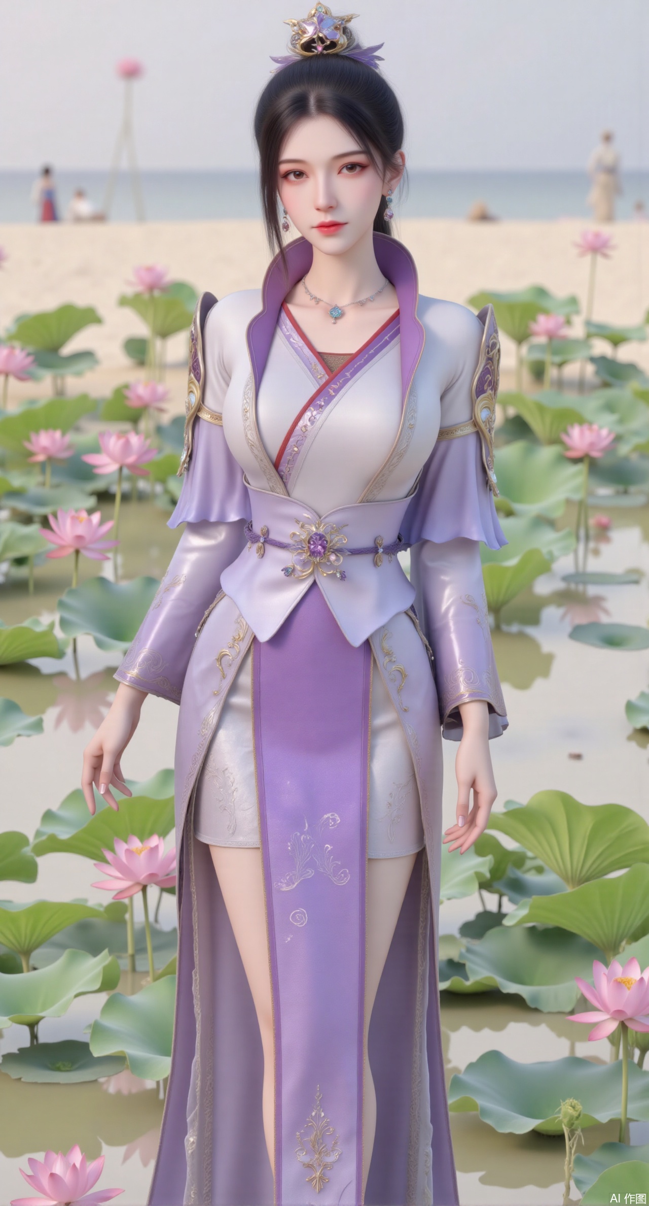 (masterpiece:1.2),best quality,(UE5.5,rendered with Unreal Engine 5,Unreal Engine 5,CG rendering:1.1),original,extremely detailed wallpaper,perfect lighting,1girl,solo,standing,(huge breasts:2.69),(full breasts:2.59),,looking at viewer,(cowboy_shot:1.1),long hair,high heels,blurry background,depth of field,motion blur,long dress,china_dress,chinese_style,bare shouders,crystal_earrings,headpiece,hair_tie,chest_jewel,gem,necklace,jewelry,in summer,day,outdoors,nature,sea,(rose,beach:1.49),(huge breasts:2.99),(full breasts:2.99),,(Background with lotus pond and pink lotus flowers:1.39),,Xmupeiling,XsongyuYK,XqiyueFHK,XheguangzhefandiYK,XxiaobaiNZYK,XlimuwanJCBYK,XmeijiK,XzhouruK,Xjinniang,Xliangpianqun,Xyinggou,Xfeitianwunv,XnangongxierK