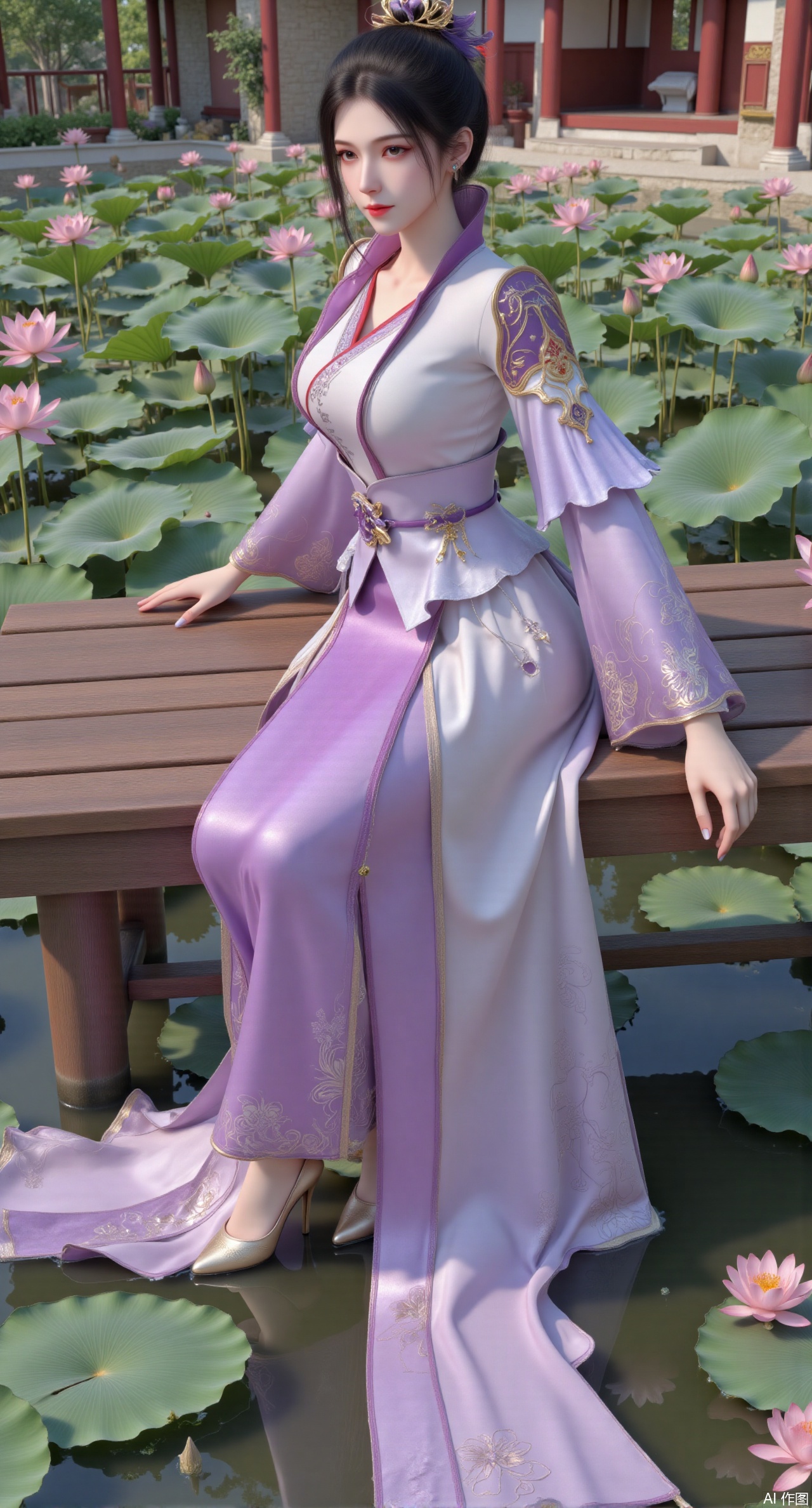 (masterpiece:1.2),best quality,,(UE5.5,rendered with Unreal Engine 5,Unreal Engine 5,CG rendering:1.1),The image is a digital illustration of a young woman sitting on a wooden bench in a pond with lily pads. She is wearing a long dress with design on the chest and sleeves. The dress has a high neckline and short sleeves,Holding a lotus in hand. She has long dark hair styled in loose waves and is wearing gold high heels. The woman is posing with one hand on her hip and the other resting on the edge of the bench. The background is filled with pink and white lotus flowers and green leaves. The overall mood of the image is peaceful and serene,(huge breasts:2.99),(full breasts:2.99),(Background with traditional Chinese architecture, lotus pond and pink lotus flowers:1.39),,Xmupeiling,XsongyuYK,XqiyueFHK,XheguangzhefandiYK,XxiaobaiNZYK,XlimuwanJCBYK,XmeijiK,XzhouruK,Xjinniang,Xliangpianqun,Xyinggou,Xfeitianwunv,XnangongxierK
