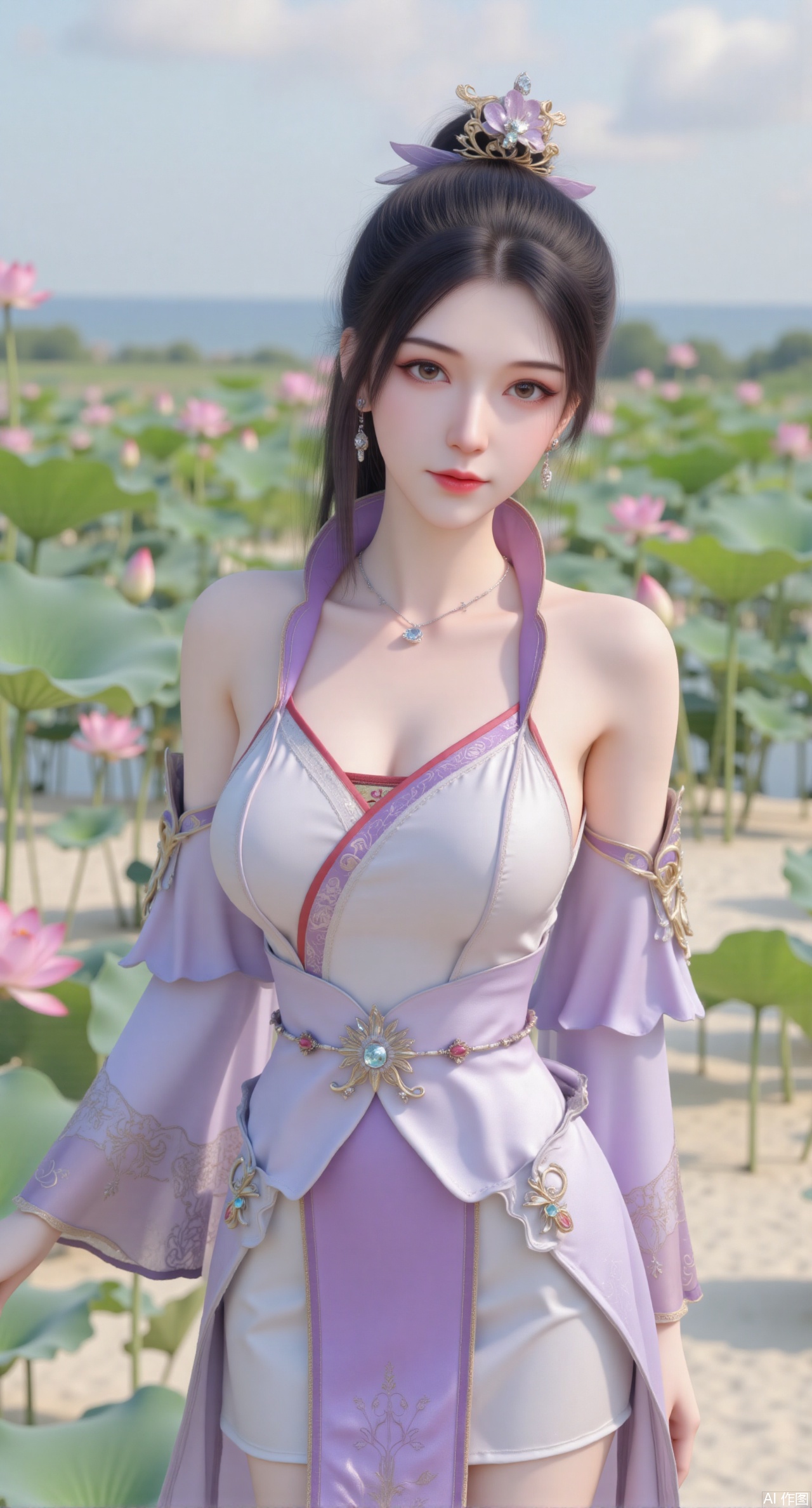 (masterpiece:1.2),best quality,(UE5.5,rendered with Unreal Engine 5,Unreal Engine 5,CG rendering:1.1),original,extremely detailed wallpaper,perfect lighting,1girl,solo,standing,(huge breasts:2.69),(full breasts:2.59),,looking at viewer,(cowboy_shot:1.1),long hair,high heels,blurry background,depth of field,motion blur,long dress,china_dress,chinese_style,bare shouders,crystal_earrings,headpiece,hair_tie,chest_jewel,gem,necklace,jewelry,in summer,day,outdoors,nature,sea,(rose,beach:1.49),(huge breasts:2.99),(full breasts:2.99),,(Background with lotus pond and pink lotus flowers:1.39),,Xmupeiling,XsongyuYK,XqiyueFHK,XheguangzhefandiYK,XxiaobaiNZYK,XlimuwanJCBYK,XmeijiK,XzhouruK,Xjinniang,Xliangpianqun,Xyinggou,Xfeitianwunv,XnangongxierK