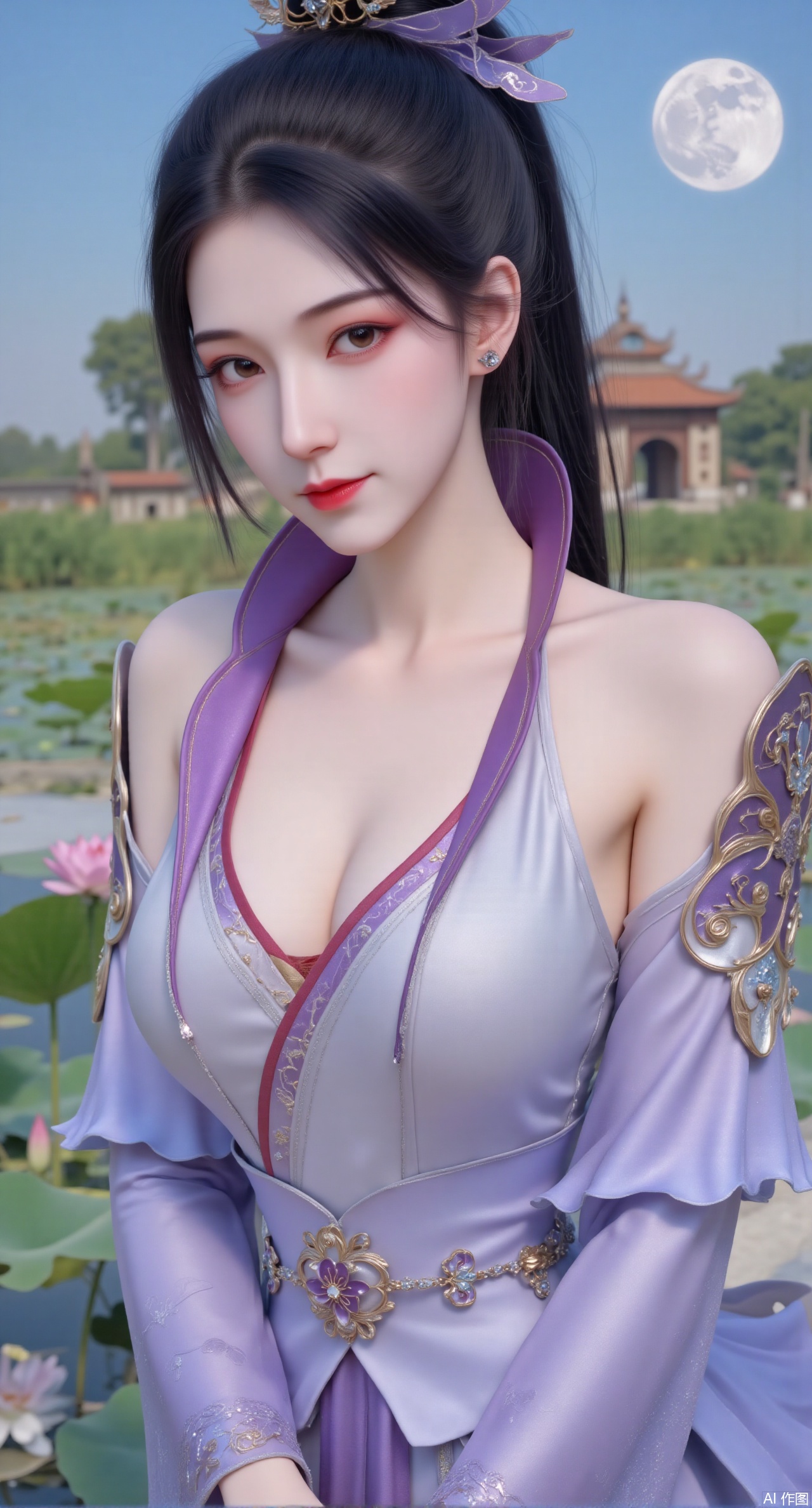 (masterpiece, best quality:1.2),1girl, navel, solo, midriff, bare shoulders, hair ornament,(long hair),(High double ponytail:1.49), red lips, BREAK, (looking at viewer:1.39), chinese clothes,(long dress:1.36), (lace:1.28), BREAK,blurry, solo focus, long hair, lips, daytime, lipstick, outdoors, standing,upper body,(huge breasts:2.99), (full breasts:2.99),background, solo, makeup,Xyunxiao,(Lotus,Water Lily,Blue sky,full moon:1.39),(Lotus pond,ancient Chinese architecture:1.39),Xmupeiling,XsongyuYK,XqiyueFHK,XheguangzhefandiYK,XxiaobaiNZYK,XlimuwanJCBYK,XmeijiK,XzhouruK,Xjinniang,Xliangpianqun,Xyinggou,Xfeitianwunv,XnangongxierK