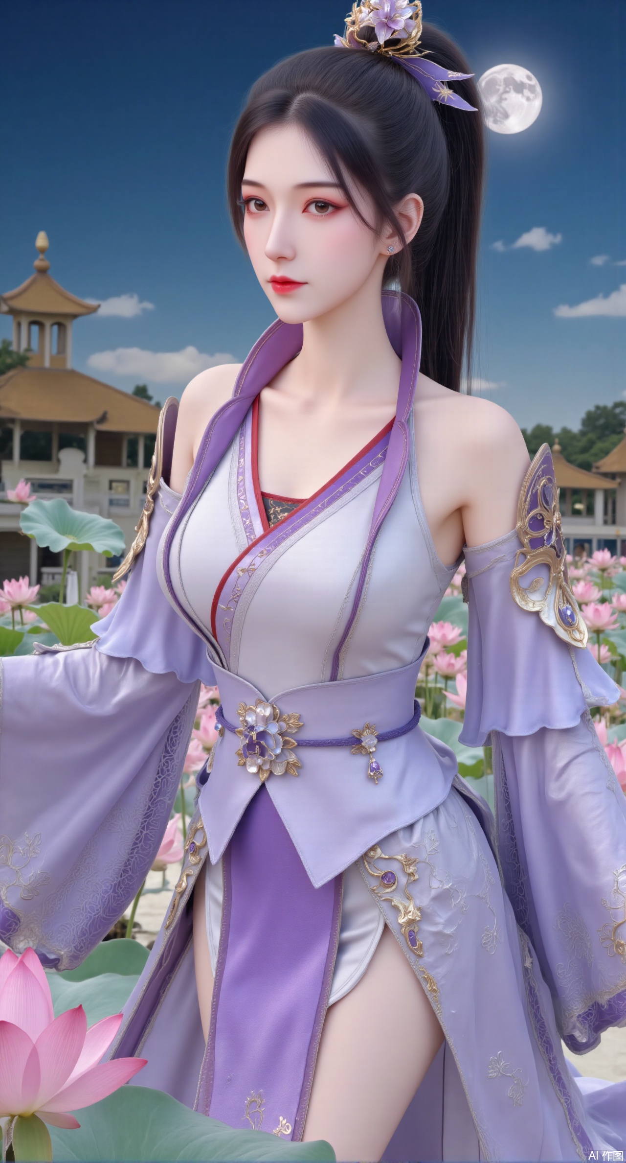 (masterpiece, best quality:1.2),1girl, navel, solo, midriff, bare shoulders, hair ornament,(long hair),(High double ponytail:1.49), red lips, BREAK, (looking at viewer:1.39), chinese clothes,(long dress:1.36), (lace:1.28), BREAK,blurry, solo focus, long hair, lips, daytime, lipstick, outdoors, standing,upper body,(huge breasts:2.99), (full breasts:2.99),background, solo, makeup,Xyunxiao,(Lotus,Water Lily,Blue sky,full moon:1.39),(Lotus pond,ancient Chinese architecture:1.39),Xmupeiling,XsongyuYK,XqiyueFHK,XheguangzhefandiYK,XxiaobaiNZYK,XlimuwanJCBYK,XmeijiK,XzhouruK,Xjinniang,Xliangpianqun,Xyinggou,Xfeitianwunv,XnangongxierK