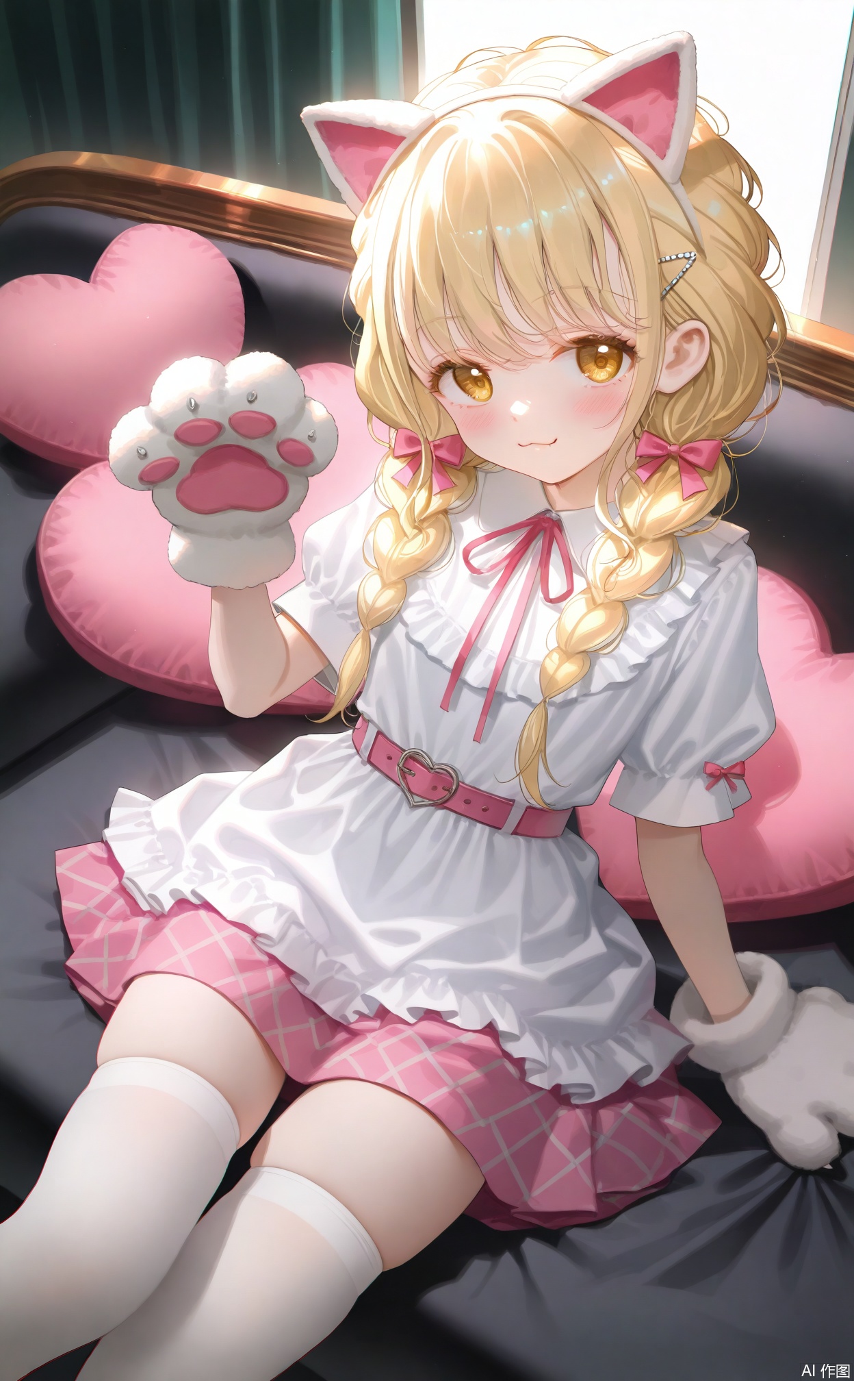 masterpiece,very aware,highres,absurdres,newest,best quality,loli,petite,high quality,chromatic_aberration,
//,
fujita kotone,1girl, solo, twin_braids, thighhighs, animal_ears, white_thighhighs, blonde_hair, paw_gloves, animal_hands, gloves, hair_ornament, looking_at_viewer, braid, pink_belt, cat_ears, sitting, long_hair, short_sleeves, belt, hairclip, puffy_short_sleeves, puffy_sleeves, heart, virtual_youtuber, yellow_eyes, pink_bow, bow, blush, closed_mouth, dress, white_dress, :3, pink_ribbon, hair_bow, zettai_ryouiki, skindentation, smile, ribbon, fake_animal_ears, white_gloves, twintails, thighs, shirt, heart-shaped_pillow, white_shirt, pink_skirt, cat_paws, frills, skirt, brown_eyes, hair_over_shoulder
//,
//,
photorealistic,Artist:na-ga,(quasarcake:0.2),(wanke:0.9),[Artist:chen bin],Artist:tidsean,[Artist:sk (askzy)],(artist:tokkyu:0.5),(artist:momoko \(momopoco\):0.5),himitsu_(hi_mi_tsu_2),