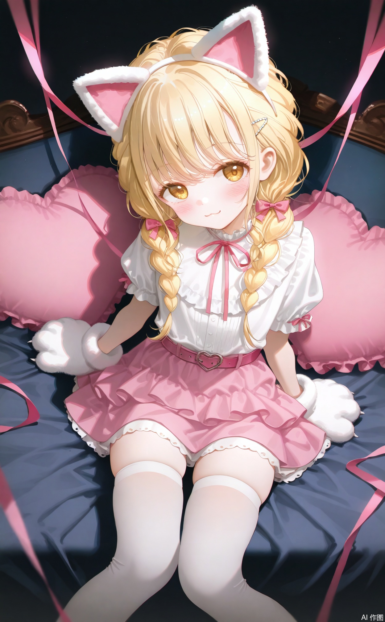 masterpiece,very aware,highres,absurdres,newest,best quality,loli,petite,high quality,chromatic_aberration,
//,
fujita kotone,1girl, solo, twin_braids, thighhighs, animal_ears, white_thighhighs, blonde_hair, paw_gloves, animal_hands, gloves, hair_ornament, looking_at_viewer, braid, pink_belt, cat_ears, sitting, long_hair, short_sleeves, belt, hairclip, puffy_short_sleeves, puffy_sleeves, heart, virtual_youtuber, yellow_eyes, pink_bow, bow, blush, closed_mouth, dress, white_dress, :3, pink_ribbon, hair_bow, zettai_ryouiki, skindentation, smile, ribbon, fake_animal_ears, white_gloves, twintails, thighs, shirt, heart-shaped_pillow, white_shirt, pink_skirt, cat_paws, frills, skirt, brown_eyes, hair_over_shoulder
//,
//,
photorealistic,Artist:na-ga,(quasarcake:0.2),(wanke:0.9),[Artist:chen bin],Artist:tidsean,[Artist:sk (askzy)],(artist:tokkyu:0.5),(artist:momoko \(momopoco\):0.5),himitsu_(hi_mi_tsu_2),