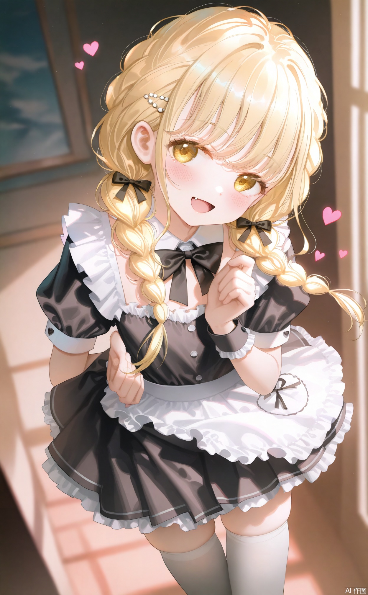 masterpiece,very aware,highres,absurdres,newest,best quality,loli,petite,high quality,chromatic_aberration,
//,
fujita kotone,1girl, blonde_hair, solo, apron, thighhighs, yellow_eyes, white_thighhighs, looking_at_viewer, braid, twin_braids, skindentation, smile, wrist_cuffs, maid, dress, virtual_youtuber, bow, black_dress, open_mouth, white_apron, long_hair, black_bowtie, bowtie, blurry_background, short_sleeves, black_bow, pleated_dress, zettai_ryouiki, frilled_apron, maid_apron, blush, puffy_sleeves, frills, blurry, puffy_short_sleeves, detached_collar, :d, grey_thighhighs, thighs, twintails, hands_up, heart, ribbon, hair_ribbon, waist_apron, breasts, hair_over_shoulder, standing, short_dress
//,
//,
photorealistic,Artist:na-ga,(quasarcake:0.2),(wanke:0.9),[Artist:chen bin],Artist:tidsean,[Artist:sk (askzy)],(artist:tokkyu:0.5),(artist:momoko \(momopoco\):0.5),himitsu_(hi_mi_tsu_2),