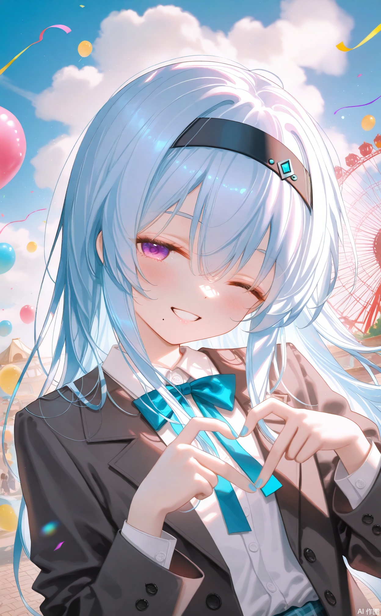 masterpiece,very aware,highres,absurdres,newest,best quality,loli,petite,high quality,chromatic_aberration,
//,
1girl, balloon, solo, heart_hands, grey_jacket, heart, mole, one_eye_closed, smile, long_hair, sky, white_hairband, upper_body, heart_balloon, mole_under_mouth, confetti, swept_bangs, cloud, light_particles, blue_sky, blurry, jacket, blue_hair, hairband, dot_nose, neck_ribbon, light_blue_hair, floating_hair, fingernails, ribbon, bow, buttons, blue_bow, looking_at_viewer, open_clothes, amusement_park, day, blue_ribbon, outdoors, shirt, depth_of_field, open_jacket, cloudy_sky, hands_up, sunlight, blurry_background, grin, ferris_wheel, tsurime, purple_eyes, blue_theme, streamers, plaid, backlighting, long_sleeves, parted_lips, white_shirt, eyelashes, glint, lens_flare, jewelry, hair_between_eyes, teeth, double_horizontal_stripe, blue_nails, sidelighting, light_rays, half-closed_eyes, collared_shirt, anniversary, group_name, wind, blue_bowtie, grey_shirt
//,
//,
photorealistic,Artist:na-ga,(quasarcake:0.2),(wanke:0.9),[Artist:chen bin],Artist:tidsean,[Artist:sk (askzy)],(artist:tokkyu:0.5),(artist:momoko \(momopoco\):0.5),himitsu_(hi_mi_tsu_2),