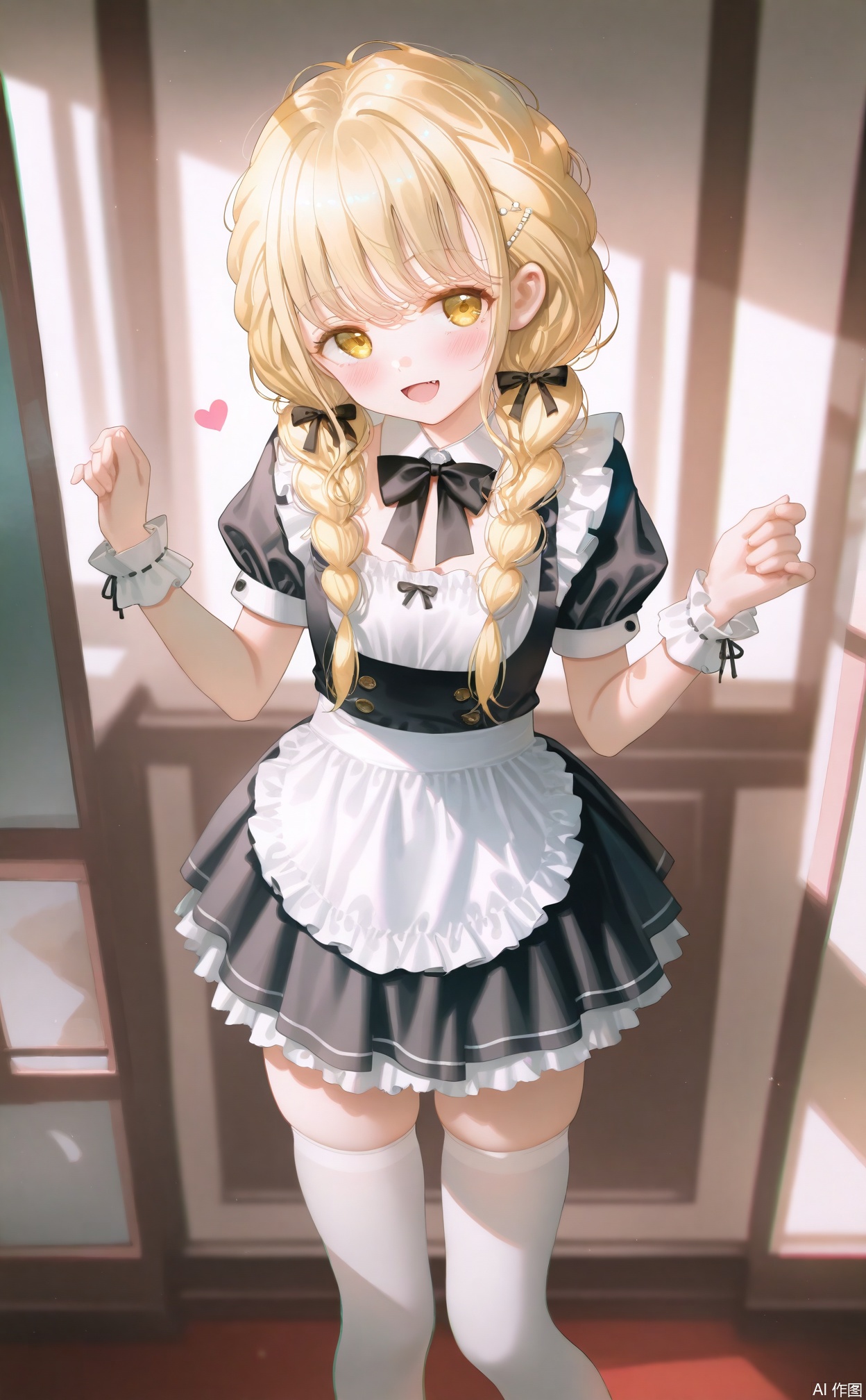 masterpiece,very aware,highres,absurdres,newest,best quality,loli,petite,high quality,chromatic_aberration,
//,
fujita kotone,1girl, blonde_hair, solo, apron, thighhighs, yellow_eyes, white_thighhighs, looking_at_viewer, braid, twin_braids, skindentation, smile, wrist_cuffs, maid, dress, virtual_youtuber, bow, black_dress, open_mouth, white_apron, long_hair, black_bowtie, bowtie, blurry_background, short_sleeves, black_bow, pleated_dress, zettai_ryouiki, frilled_apron, maid_apron, blush, puffy_sleeves, frills, blurry, puffy_short_sleeves, detached_collar, :d, grey_thighhighs, thighs, twintails, hands_up, heart, ribbon, hair_ribbon, waist_apron, breasts, hair_over_shoulder, standing, short_dress
//,
//,
photorealistic,Artist:na-ga,(quasarcake:0.2),(wanke:0.9),[Artist:chen bin],Artist:tidsean,[Artist:sk (askzy)],(artist:tokkyu:0.5),(artist:momoko \(momopoco\):0.5),himitsu_(hi_mi_tsu_2),