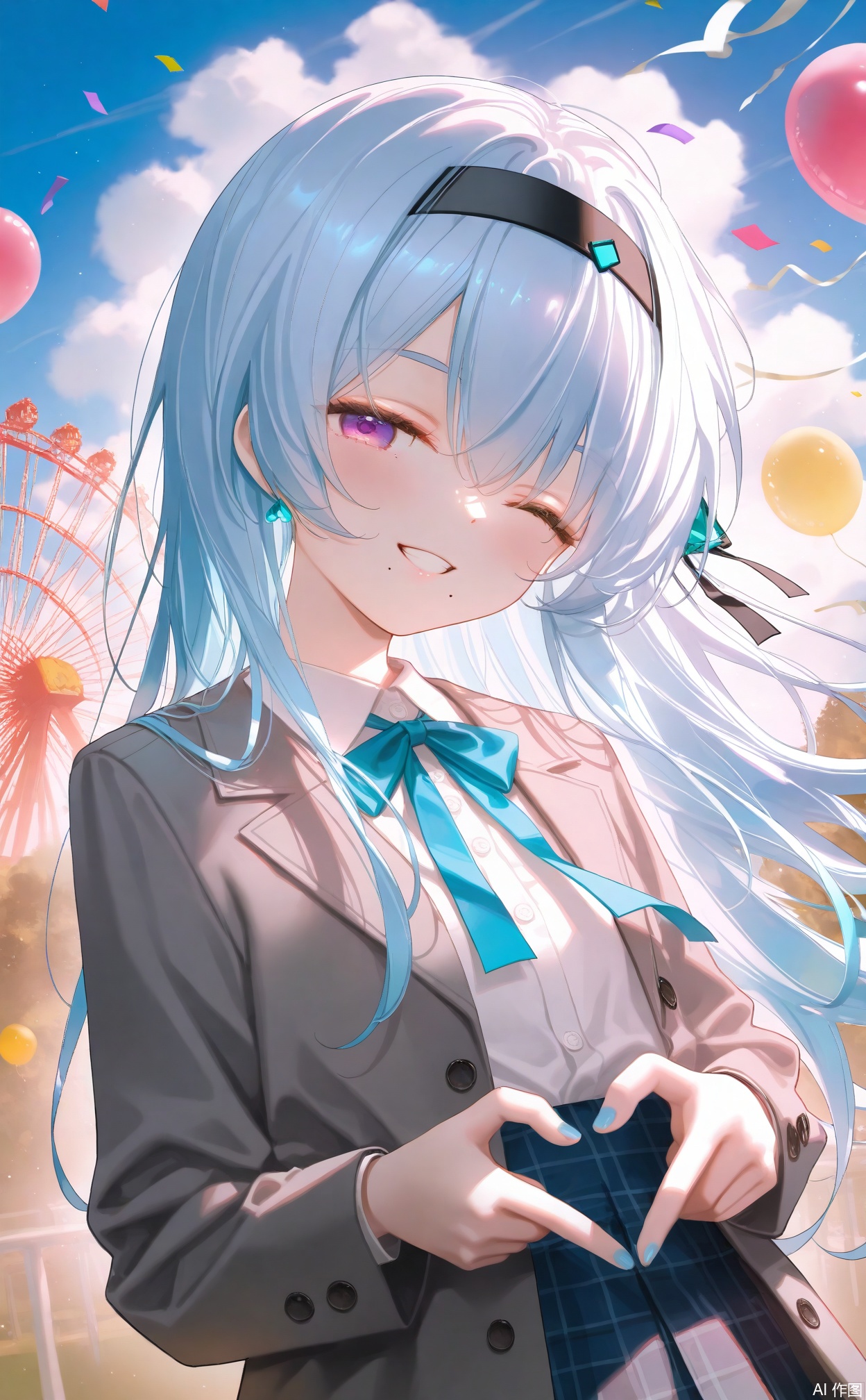 masterpiece,very aware,highres,absurdres,newest,best quality,loli,petite,high quality,chromatic_aberration,
//,
1girl, balloon, solo, heart_hands, grey_jacket, heart, mole, one_eye_closed, smile, long_hair, sky, white_hairband, upper_body, heart_balloon, mole_under_mouth, confetti, swept_bangs, cloud, light_particles, blue_sky, blurry, jacket, blue_hair, hairband, dot_nose, neck_ribbon, light_blue_hair, floating_hair, fingernails, ribbon, bow, buttons, blue_bow, looking_at_viewer, open_clothes, amusement_park, day, blue_ribbon, outdoors, shirt, depth_of_field, open_jacket, cloudy_sky, hands_up, sunlight, blurry_background, grin, ferris_wheel, tsurime, purple_eyes, blue_theme, streamers, plaid, backlighting, long_sleeves, parted_lips, white_shirt, eyelashes, glint, lens_flare, jewelry, hair_between_eyes, teeth, double_horizontal_stripe, blue_nails, sidelighting, light_rays, half-closed_eyes, collared_shirt, anniversary, group_name, wind, blue_bowtie, grey_shirt
//,
//,
photorealistic,Artist:na-ga,(quasarcake:0.2),(wanke:0.9),[Artist:chen bin],Artist:tidsean,[Artist:sk (askzy)],(artist:tokkyu:0.5),(artist:momoko \(momopoco\):0.5),himitsu_(hi_mi_tsu_2),