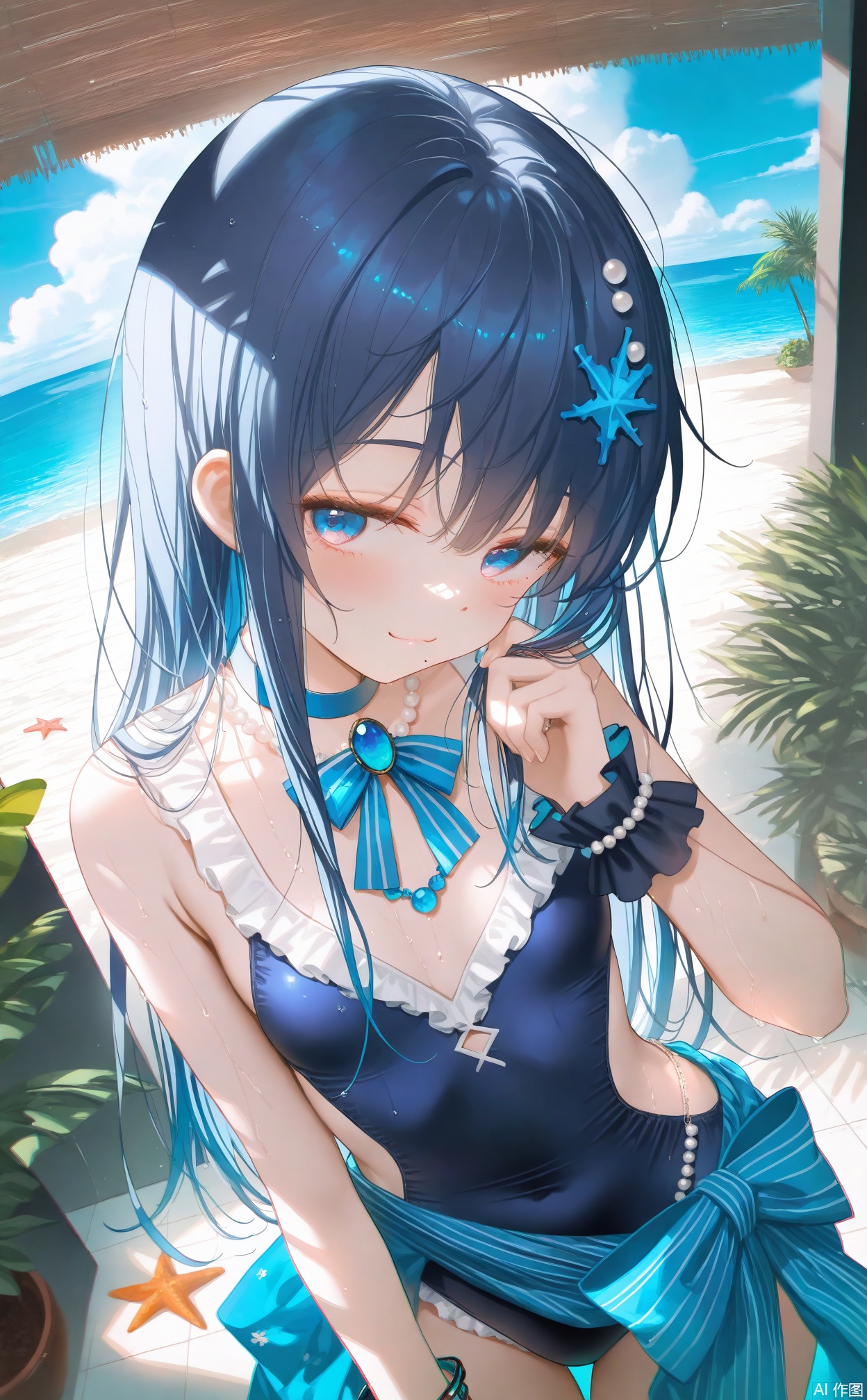 masterpiece,very aware,highres,absurdres,newest,best quality,loli,petite,high quality,chromatic_aberration,
//,
1girl, tile_wall, dutch_angle, blue_theme, solo, light_blue_hair, swimsuit, long_hair, waist_bow, one-piece_swimsuit, hair_ornament, blue_hair, pearl_\(gemstone\), jewelry, tiles, blue_choker, striped_bow, frills, blue_eyes, swept_bangs, striped_ribbon, blue_sky, light_particles, cloud, ocean, frilled_one-piece_swimsuit, dot_nose, water, shade, sky, fingernails, mole_under_mouth, bow, closed_mouth, shower_\(place\), cloudy_sky, horizon, mole, casual_one-piece_swimsuit, blue_one-piece_swimsuit, pearl_hair_ornament, sarong, standing, smile, palm_tree, straight_hair, looking_at_viewer, industrial_pipe, tsurime, plant, beach, choker, blue_bow, brooch, wet, palm_leaf, sand, indoors, wrist_cuffs, day, ribbon, necklace, hand_in_own_hair, water_drop, hand_up, breasts, sunlight, backless_swimsuit, caustics, armpit_crease, blue_gemstone, wet_hair, gloves, bathroom, side_cutout, blue_nails, clothing_cutout, eyelashes, belly_chain, flat_chest, bare_arms, aqua_theme, hand_on_wall, outdoors, shadow, shower_head, half-closed_eyes, side_slit, starfish_hair_ornament, gem, multicolored_hair, beads, hair_between_eyes, striped_bowtie, pearl_necklace, chain, light_smile, hair_flower, cowboy_shot, striped_clothes, small_breasts, collarbone, bracelet, holding_hair, flower, wet_swimsuit, official_alternate_costume, potted_plant, glint, backlighting, legs_together, leaf
//,
//,
photorealistic,Artist:na-ga,(quasarcake:0.2),(wanke:0.9),[Artist:chen bin],Artist:tidsean,[Artist:sk (askzy)],(artist:tokkyu:0.5),(artist:momoko \(momopoco\):0.5),himitsu_(hi_mi_tsu_2),
