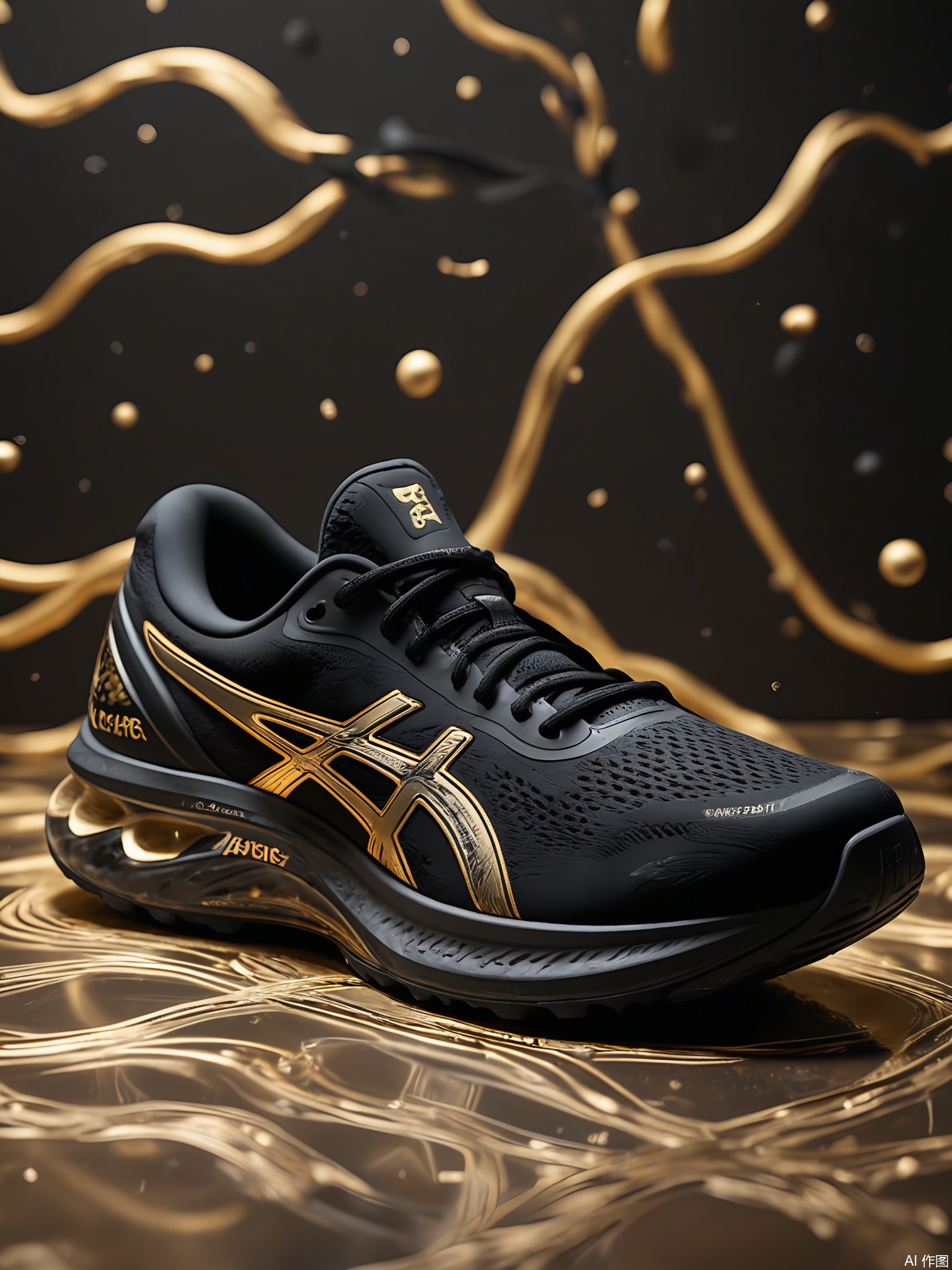 XLCJ, A high-quality, close-up photograph of a pair of Asics Gel-Kayano 27 sneakers, boasting a sleek black and gold color scheme. The shoes offer a high-performance design with a FlyteFoam midsole and a prominent Asics tiger stripe logo in gold. The Gel cushioning in the heel is visible, showing its advanced shock-absorbing technology. The background is a dark chocolate brown, with a subtle, abstract pattern of black and gold lines, generating a luxurious and dynamic vibe. The lighting highlights the premium materials and the intricate details of the sneakers.
