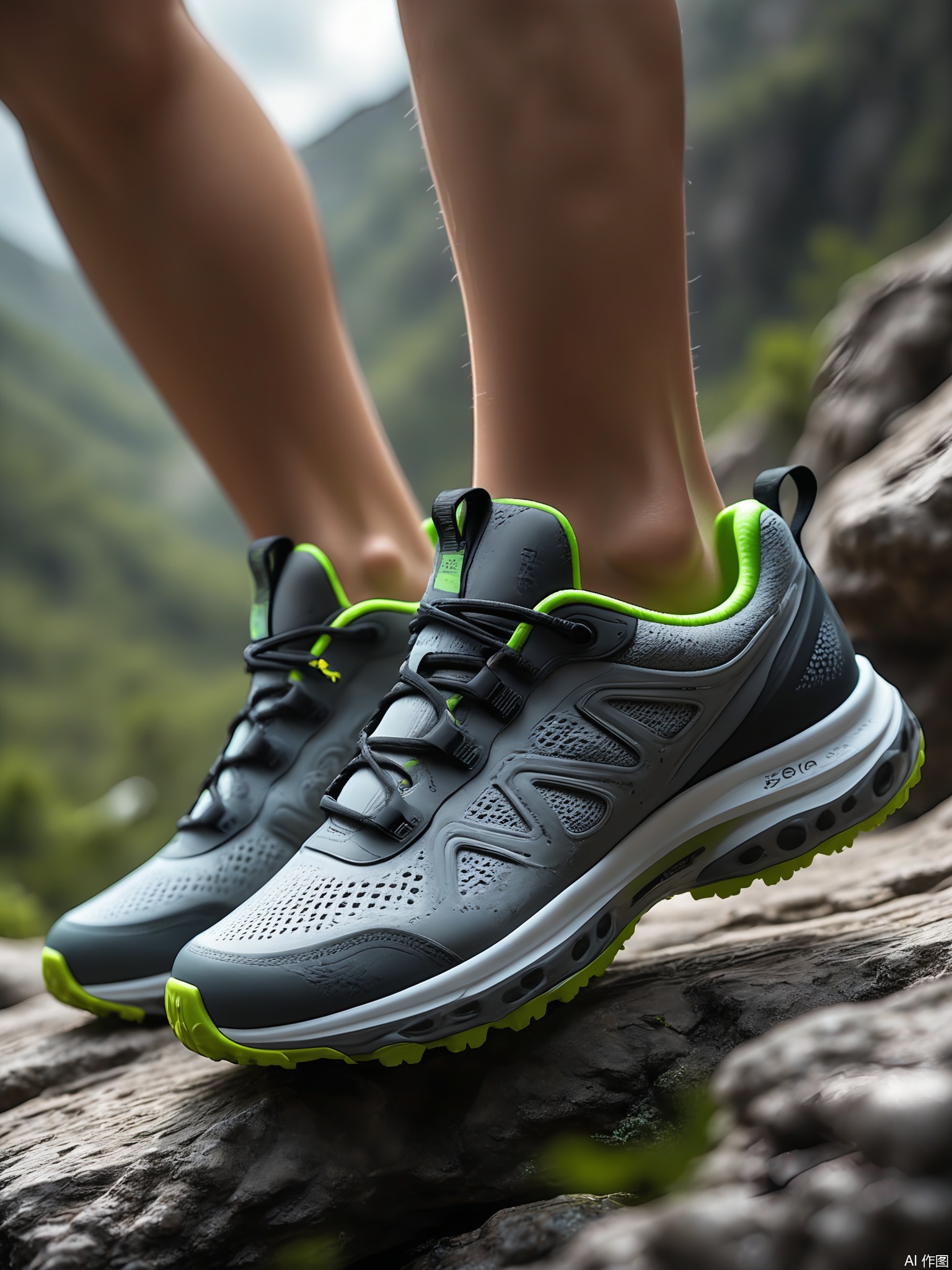 XLCJ, A high-quality, close-up photograph of a pair of Salomon XT-6 ADV sneakers, featuring a bold gray and lime green color scheme. The shoes have a rugged, outdoor-inspired design with a Quicklace system and a Contagrip outsole. The Salomon logo is clearly visible on the side. The background is a dark gray, with a subtle, abstract pattern of lime green and white splatters, adding a touch of adventure and energy. The lighting emphasizes the durable construction and the functional details of the sneakers.

