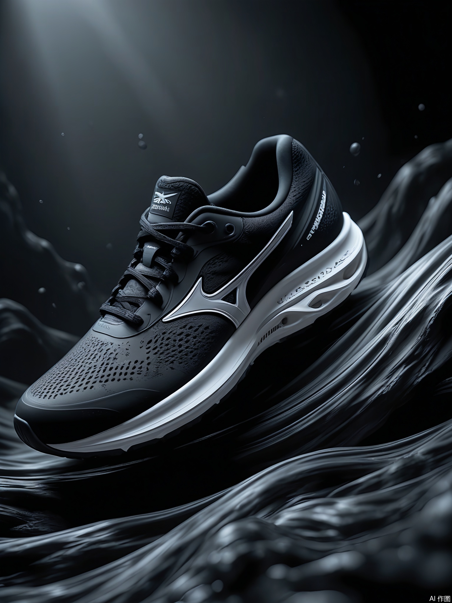 XLCJ, A high-quality, close-up photograph of a pair of Mizuno Wave Rider 24 sneakers, in a classic black and silver color scheme. The shoes offer a smooth, responsive ride with a Wave Plate technology and a breathable mesh upper. The Mizuno logo is prominent on the side. The background is a dark silver, with a faint, abstract pattern of black and white stripes, adding a touch of sophistication and energy. The lighting emphasizes the sleek design and the advanced technology of the sneakers.
