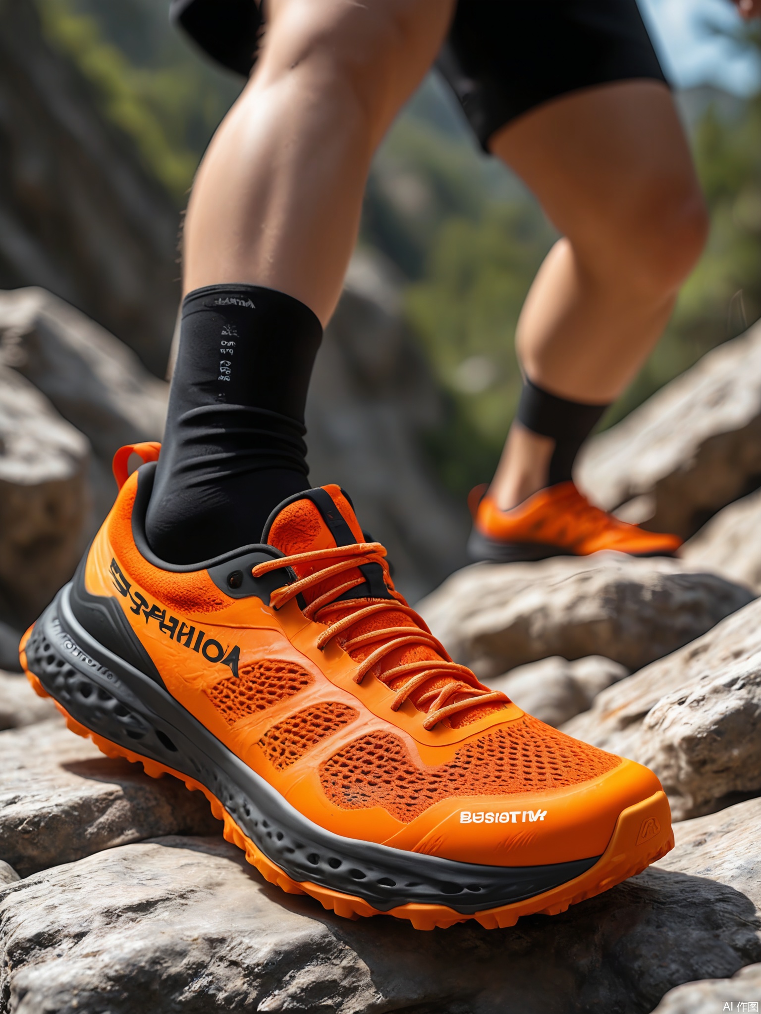 XLCJ, A high-quality, close-up photograph of a pair of La Sportiva Bushido II sneakers, with a bold orange and black color combination. The shoes have a lightweight, trail-running design with a FriXion XF outsole and a breathable mesh upper. The La Sportiva logo is clearly visible on the side. The background is a dark orange, featuring a soft, abstract pattern of black and white zigzags, creating a dynamic and energetic feel. The lighting brings out the aggressive tread and the responsive feel of the sneakers.
