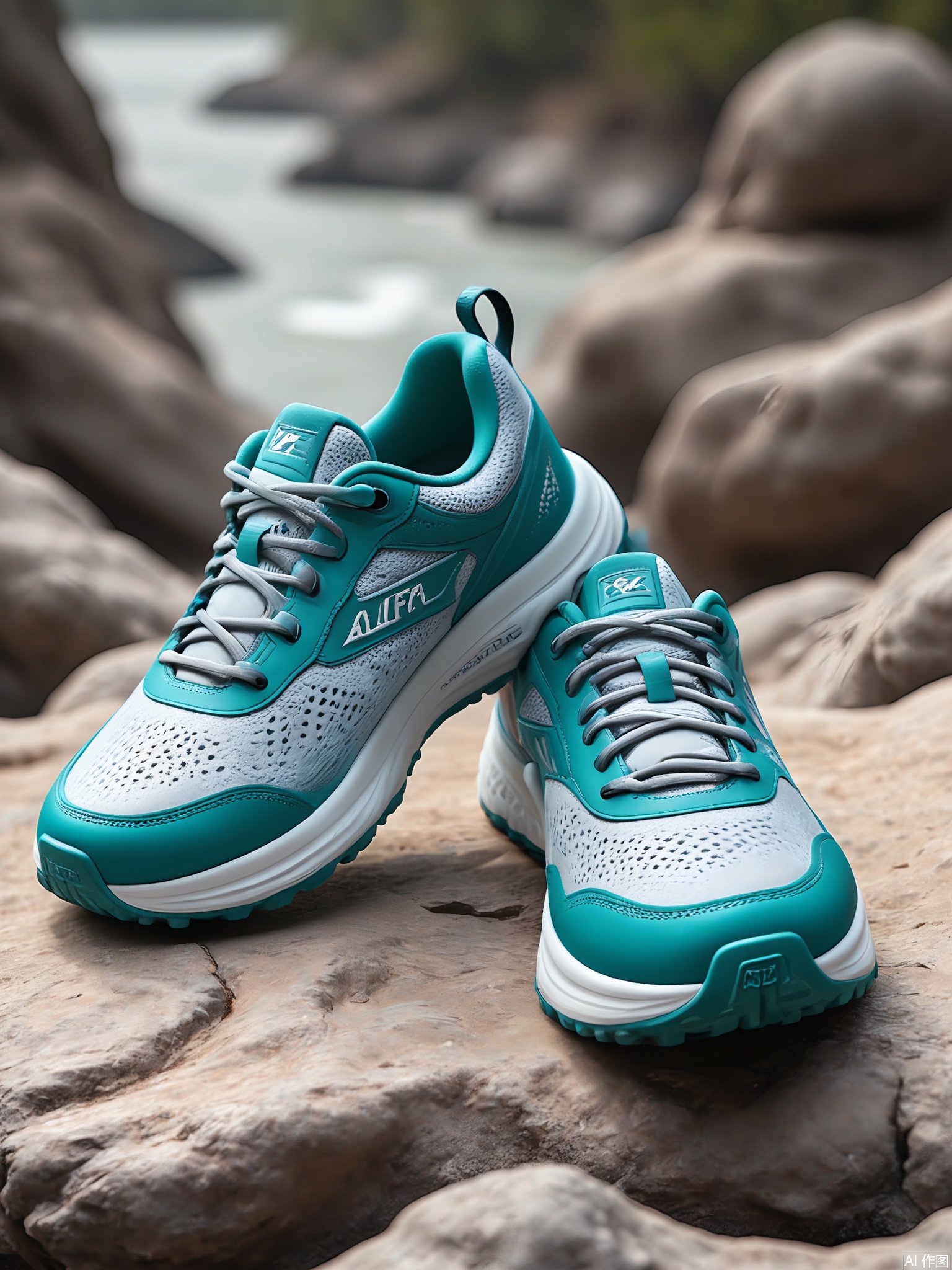 XLCJ, A high-quality, close-up photograph of a pair of Altra Lone Peak 5 sneakers, featuring a vibrant teal and gray colorway. The shoes have a wide, foot-shaped design with a MaxTrac outsole and a breathable mesh upper. The Altra logo is clearly visible on the side. The background is a light gray, decorated with a soft, abstract pattern of teal and white waves, creating a calm yet energetic atmosphere. The lighting brings out the unique shape and the comfortable fit of the sneakers.
